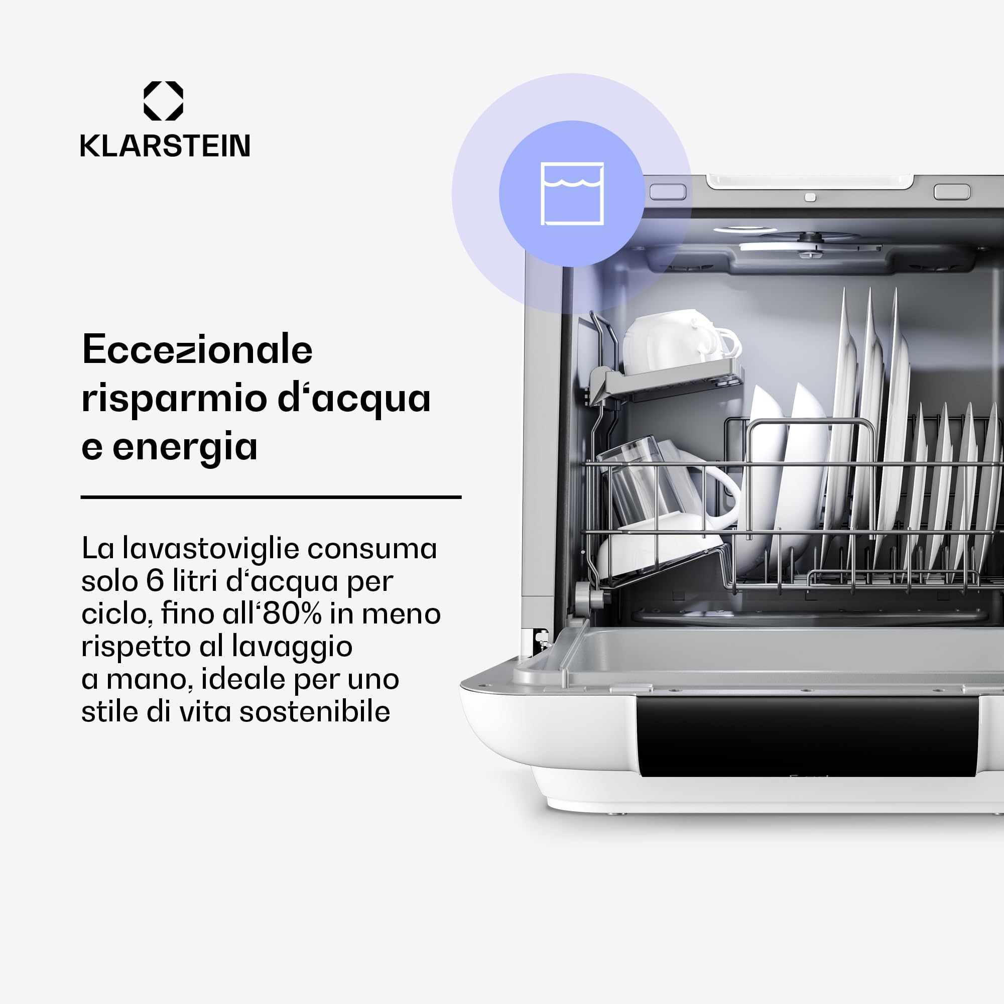 Klarstein Melville Lavastoviglie da tavolo - Lavastoviglie compatta per 3 coperti, 7 programmi, 6 L di acqua, AquaStop, design portatile