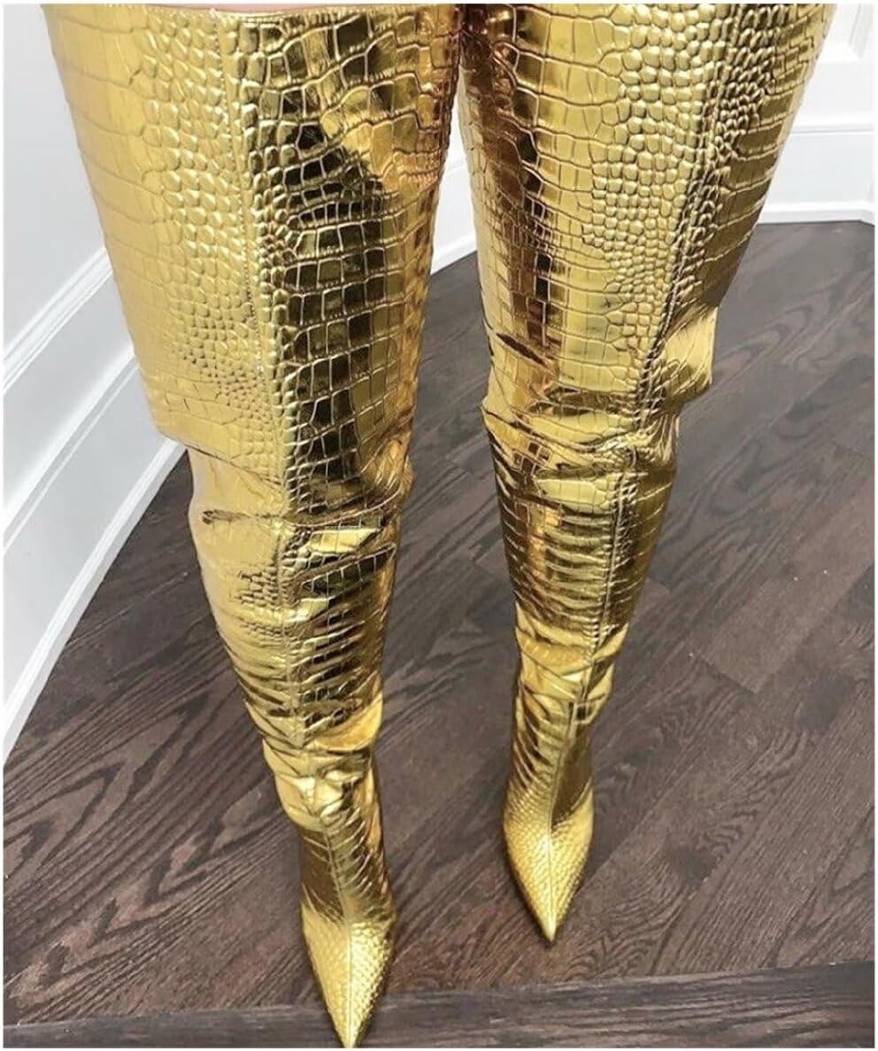 Frankie Hsu Punk Stiletto Over Knee Boots, Gold Python Snake Print Leather High Heels Thigh Style, Big Large Size Designer Wide Long Tall Shoes For Women Men