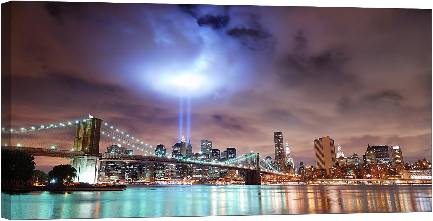 LightFairy Glow in The Dark Canvas Painting - Stretched and Framed Giclee Wall Art Print - City Urban Decor New York Brooklyn Bridge - Master Bedroom Living Room Decor - 6 Hours Glow - 46 x 24 inch