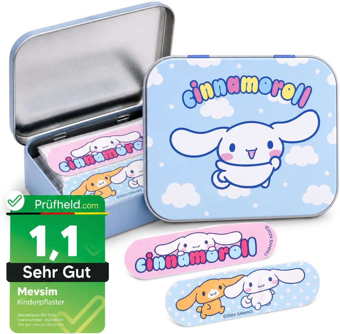 [Test BARDZO DOBRY, Note 1.1*] Plastry dla dzieci Cinnamoroll Licencjonowany produkt - Metalowe pudełko - 24 plastry - Pudełko do przechowywania dla dzieci - Nadaje się do plecaka - Torebka