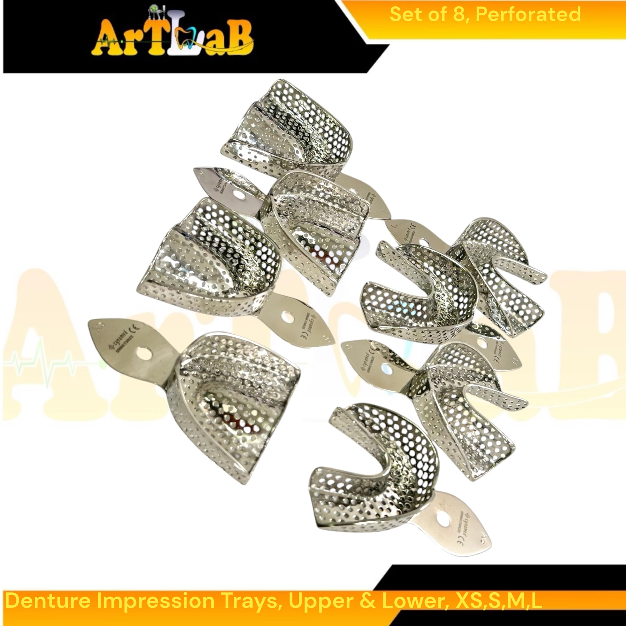 Denture Impression Trays, Upper and Lower, Perforated, Sizes Extra-Small, Small, Medium, & Large [ 8 Count ] German Stainless Steel Dental Lab Tools