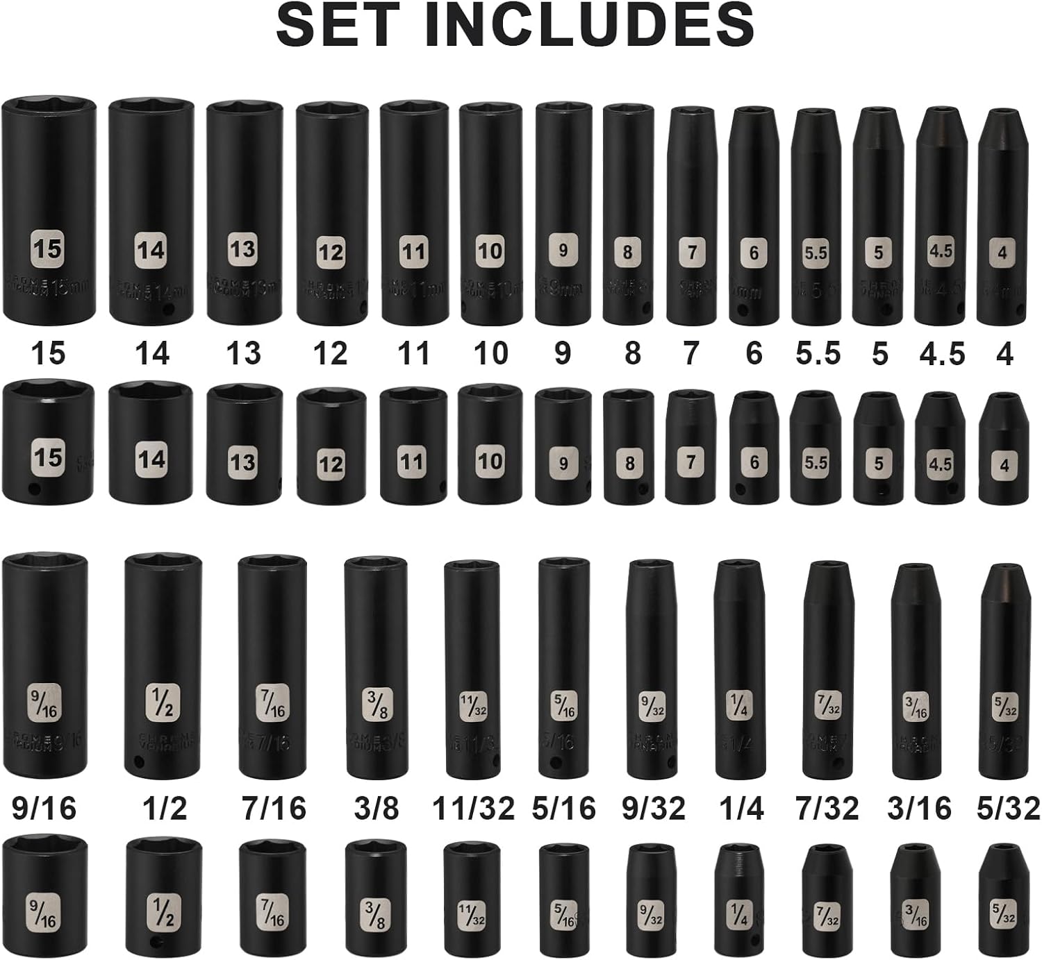 Mayouko 50PCS 1/4 Inch Drive Master Impact Socket Set,Metric/SAE,Deep/Shallow,6 Point,CR-V, 5/32 Inch - 9/16 Inch, 4mm - 15mm.