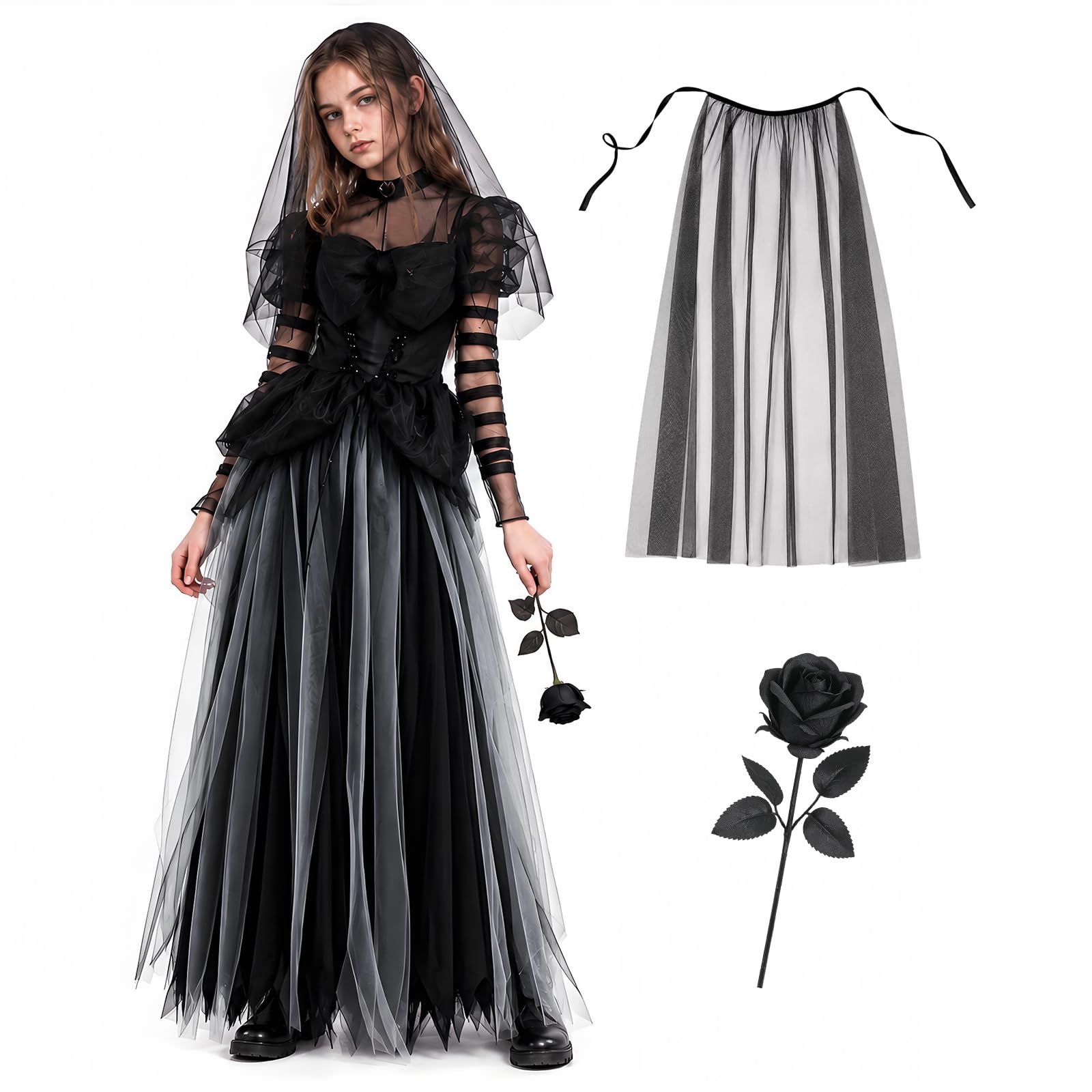 Déguisement de Zombie pour Enfant, Robe Noire avec Cape Voile et Roses, Déguisement Mariée Fantôme Gothique, Tenue Mariée Morte Fille pour Halloween, Carnaval, Cosplay et Fête