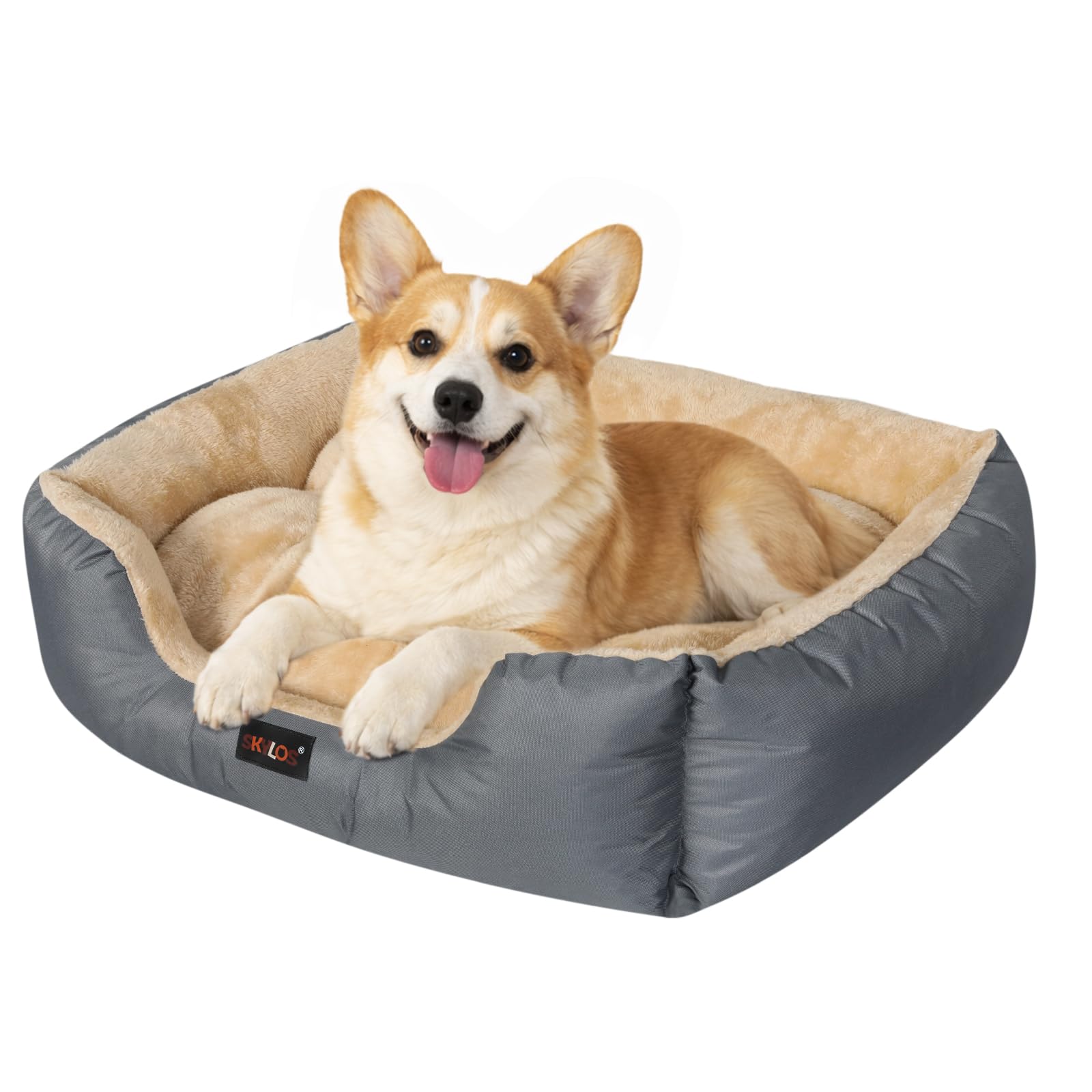 Skylos Medium Dog Bed, Dog Sofa Bed, Washable Pet Bed with Removable Reversible Cushion, Raised Bolster for Neck Support, Non-Slip Bottom, 75 x 58 x 21 cm