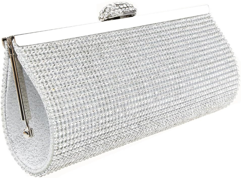 Womens Elegant Rhinestone Clasp Flap Purse Evening Bridal Prom Clutch Bag (Silver)