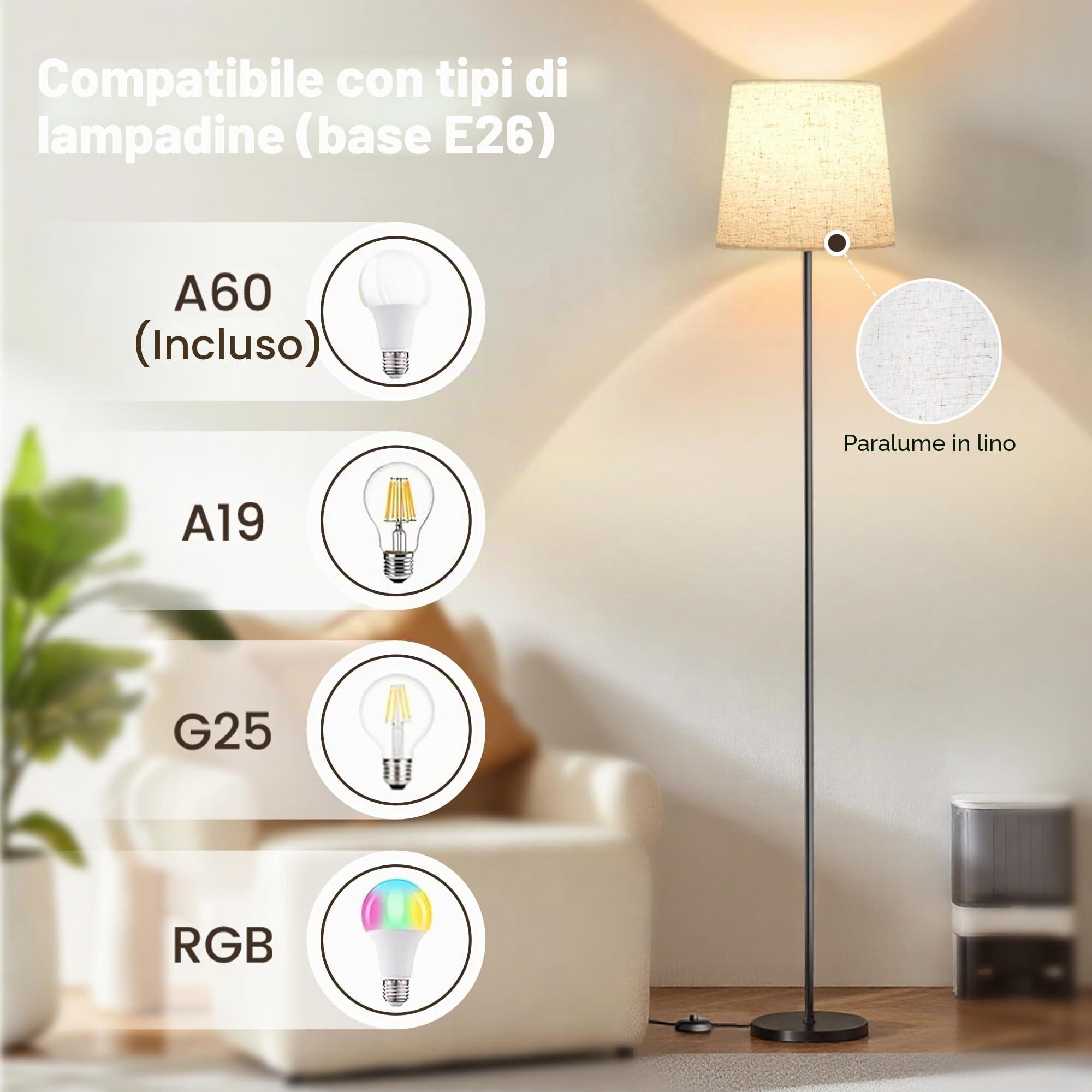 SIBRILLE Lampada da Terra Salotto, 9W con Telecomando e Interruttore a Pedale, 3000K-6000K Lampada da Lettura LED con E27 Lampadina, Lampade da Terra per Camera da Letto e Ufficio, Paralume in Lino
