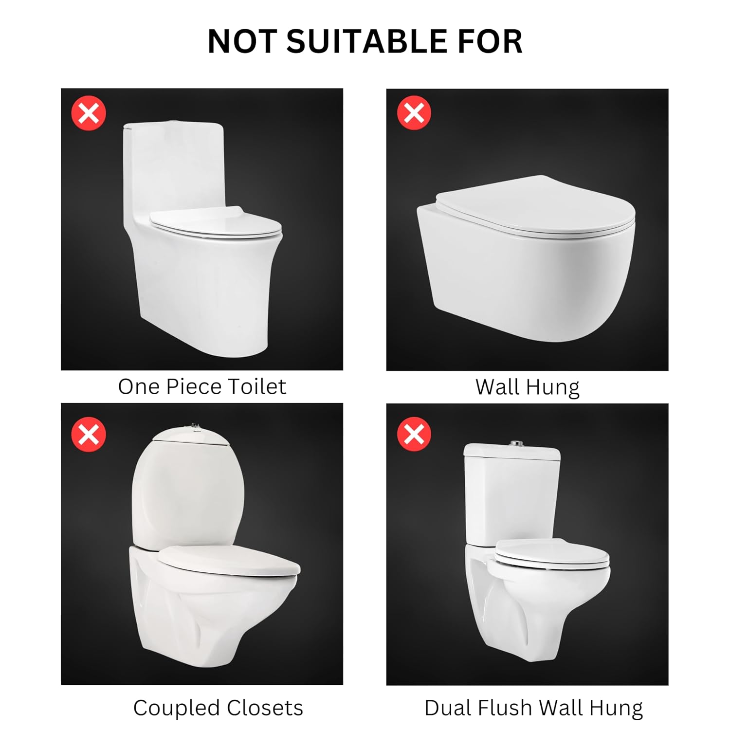 Diagram showing four toilet setups marked with a red cross, indicating unsuitability for the Parryware Slimline Dual Flush Tank. These include One Piece Toilet, Wall Hung, Coupled Closets, and Dual Flush Wall Hung.