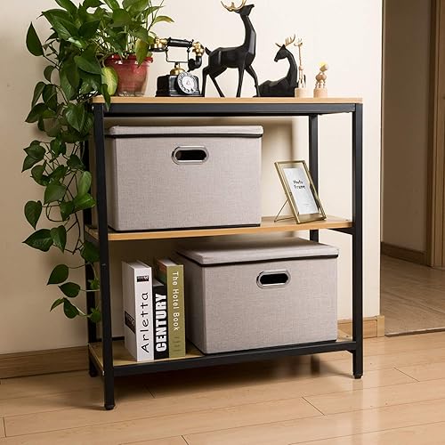 Miniatura 28 de PRANDOM Contenedor de almacenamiento plegable con tapa, caja de almacenamiento plegable de tela, cesta organizadora con tapa, para el hogar, Beige