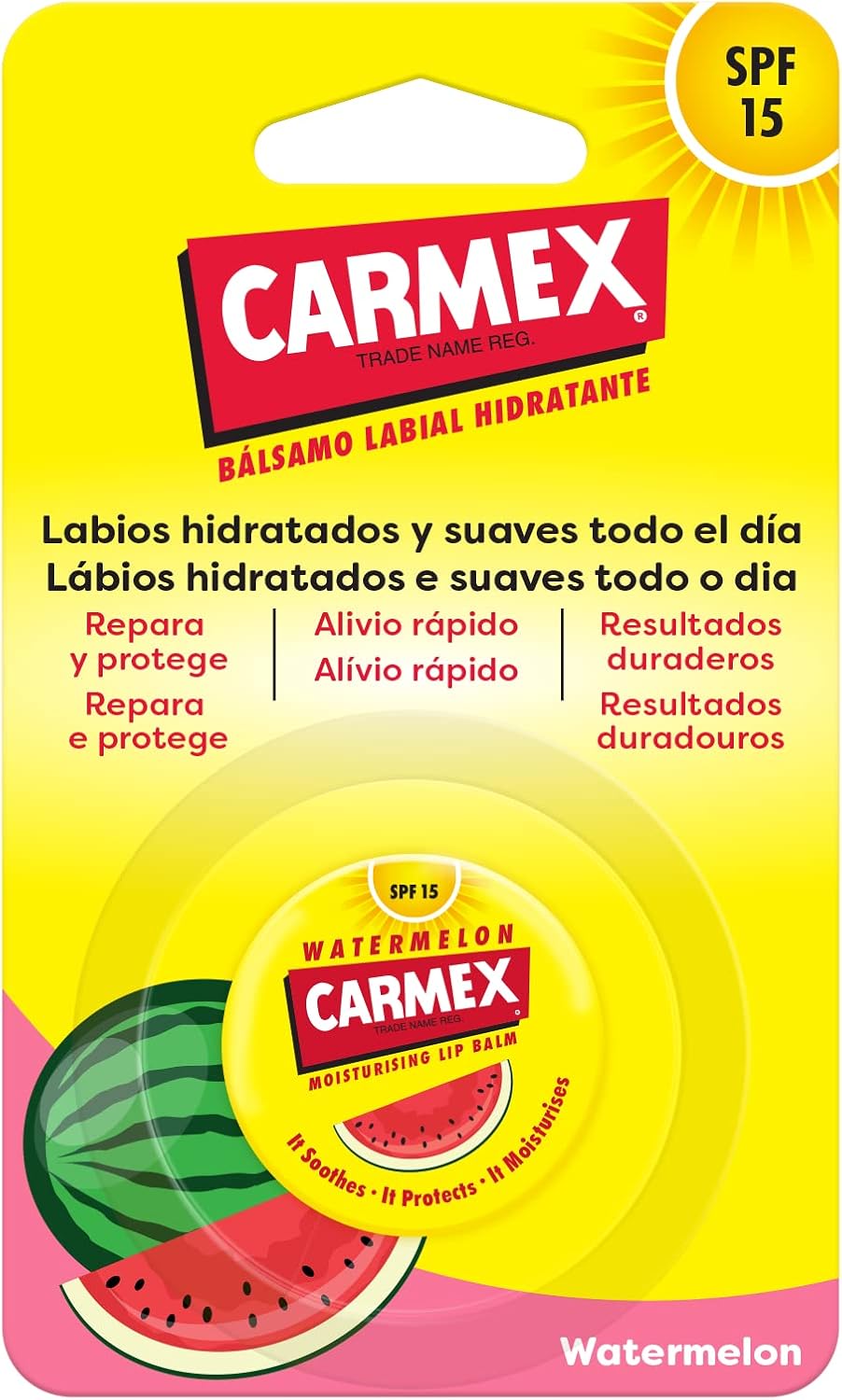 Carmex Lippenbalsem SPF15, watermeloenglas, 7,5 g, hydrateert, beschermt, repareert, kalmeert en maakt de lippen glad.