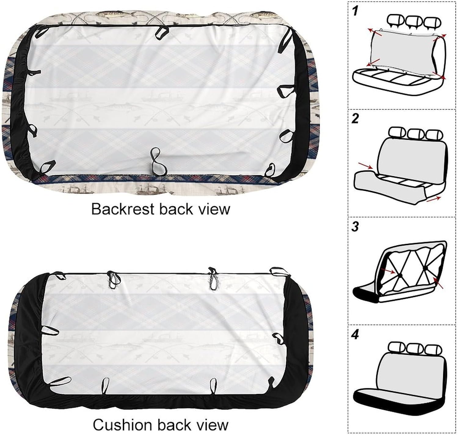 Abstract Fishing Retro Nautical Theme Waterproof Car Seat Cover for Rear Bench Seat Protection Wildlife Fishing Boat Plaid Decor Car Rear Seat Covers,Breathable Automotive Accessories