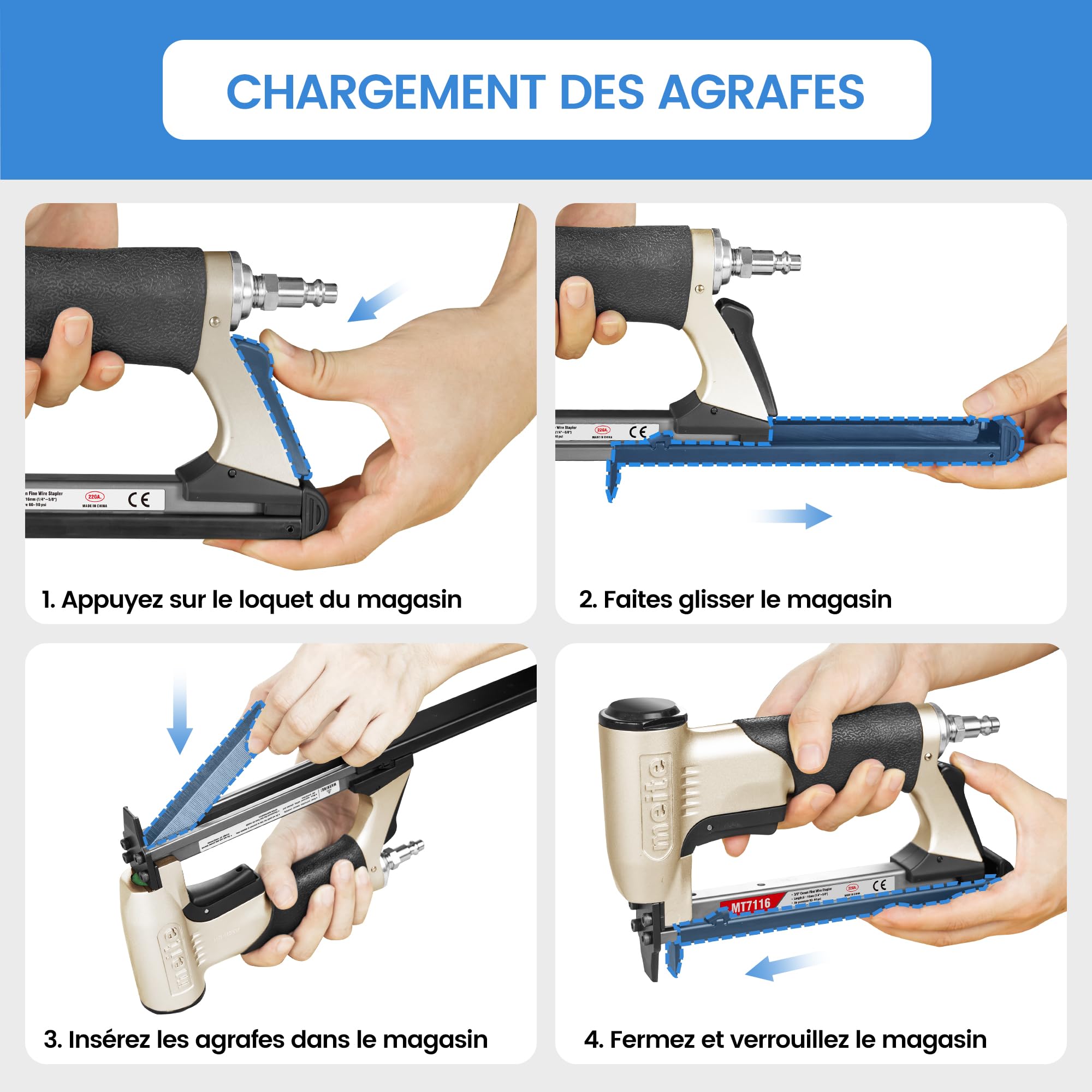 meite MT7116 Agrafeuse Tapissier Pneumatique, Utilise des Agrafes de Type 71, Agrafes 6 à 16 mm, Couronne 9,1 mm – Pression de Travail 4–7 bar – Agrafeuse Pneumatique Pour Meubles et Travail du Bois
