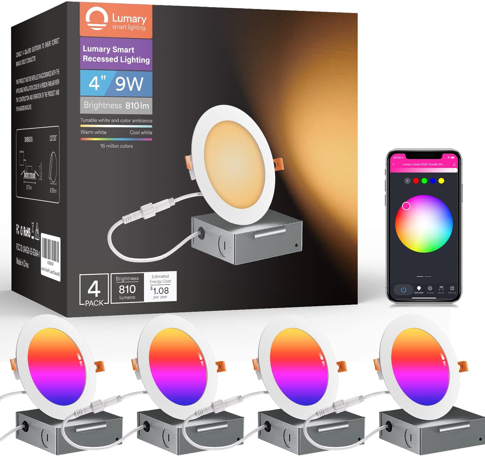 Lumary 9W 810LM Ultra Thin Smart Ceiling LED Downlight, WiFi LED Recessed Ceiling with APP Controlled Junction Box, Compatible with Alexa, Google Home (9W-4PCS)