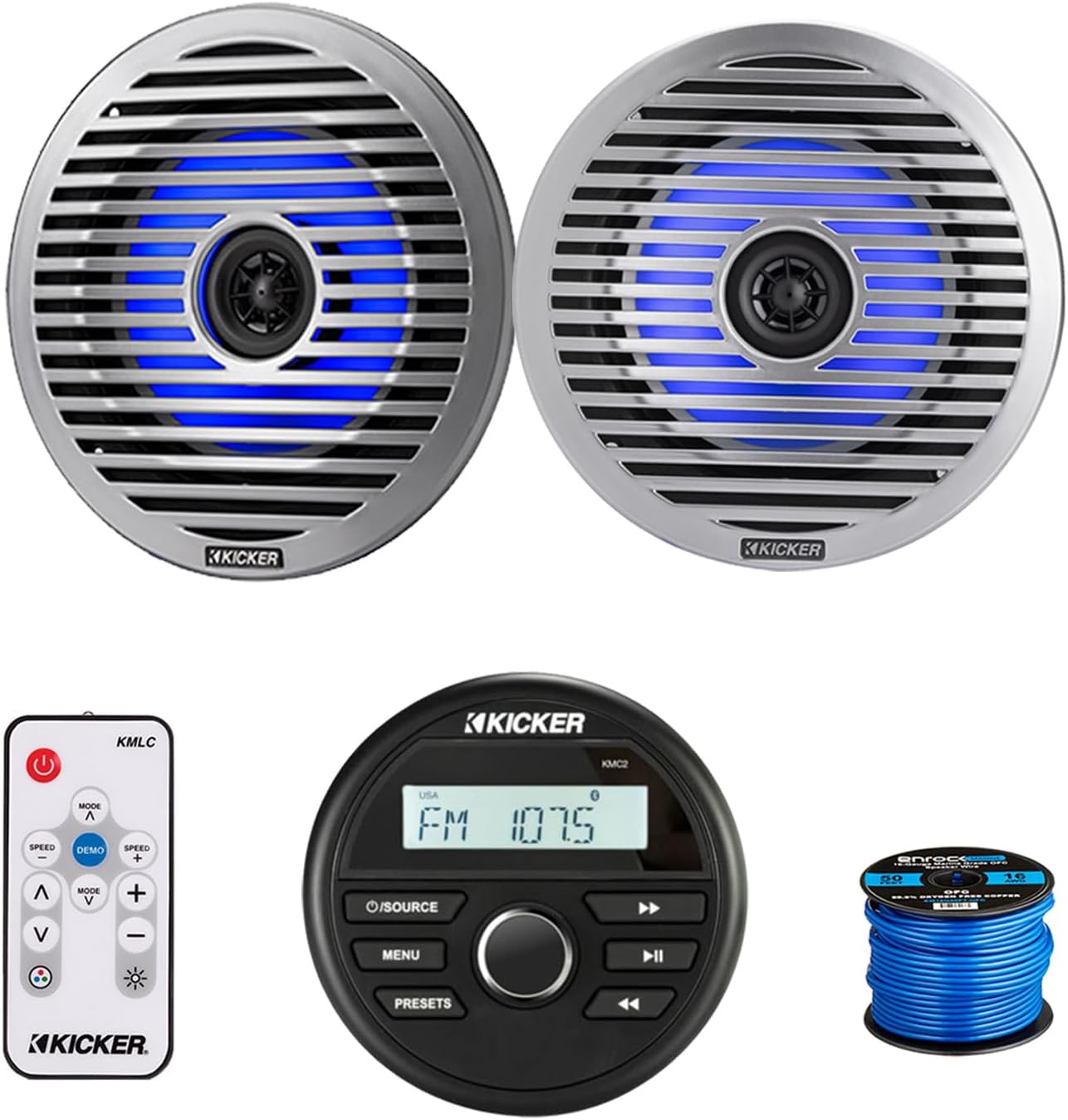 Kicker 46KMC2 Marine Gauge Style USB Bluetooth AM/FM Receiver, 2X 6.5 130 Watt Peak Thin-Mount Multicolor LED Boat Audio Speakers w/ 2X White Grilles, 2X Silver Grilles, LED Remote Control, Antenna