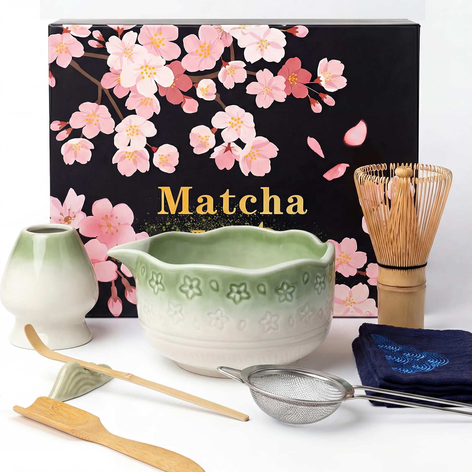 8 pezzi Matcha Kit, Matcha Set design a fiori di ciliegiocon Frusta Matcha, Ciotola, Cucchiaio, Filtro, Supporto, Kit Matcha completo per cerimonia, Elegante Set per Amanti del Matcha(Verde Sfu