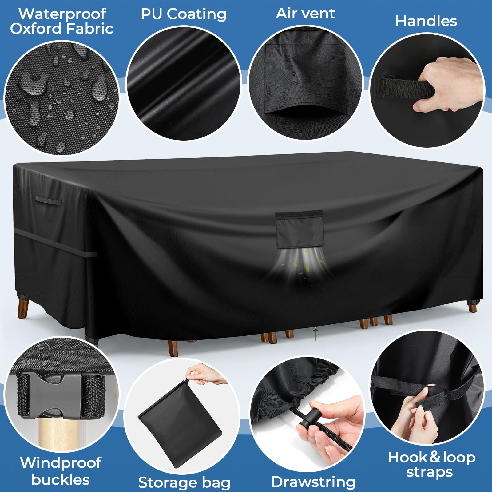 Cubiertas para muebles de jardín, 280x204x106 cm, grande, para exteriores, 600D, tela Oxford, resistente al agua, resistente al viento, y anti-UV para silla y sofá de mesa, color negro