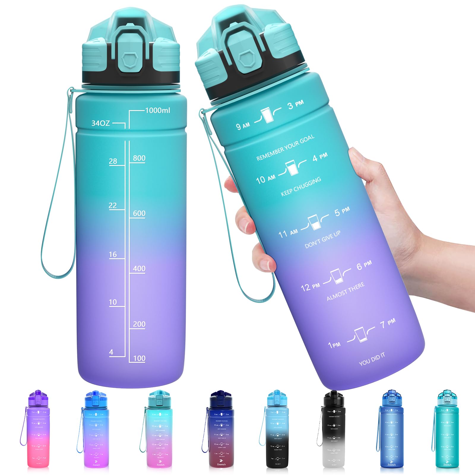 Zounich Trinkflasche Kinder Auslaufsichere 1L/700ml/500ml-BPA frei trinkflaschen Sport tritan Kunststoff Wasserflasche für Fahrrad, Schule, kohlensäure geeignet, spülmaschinenfest Sportflasche