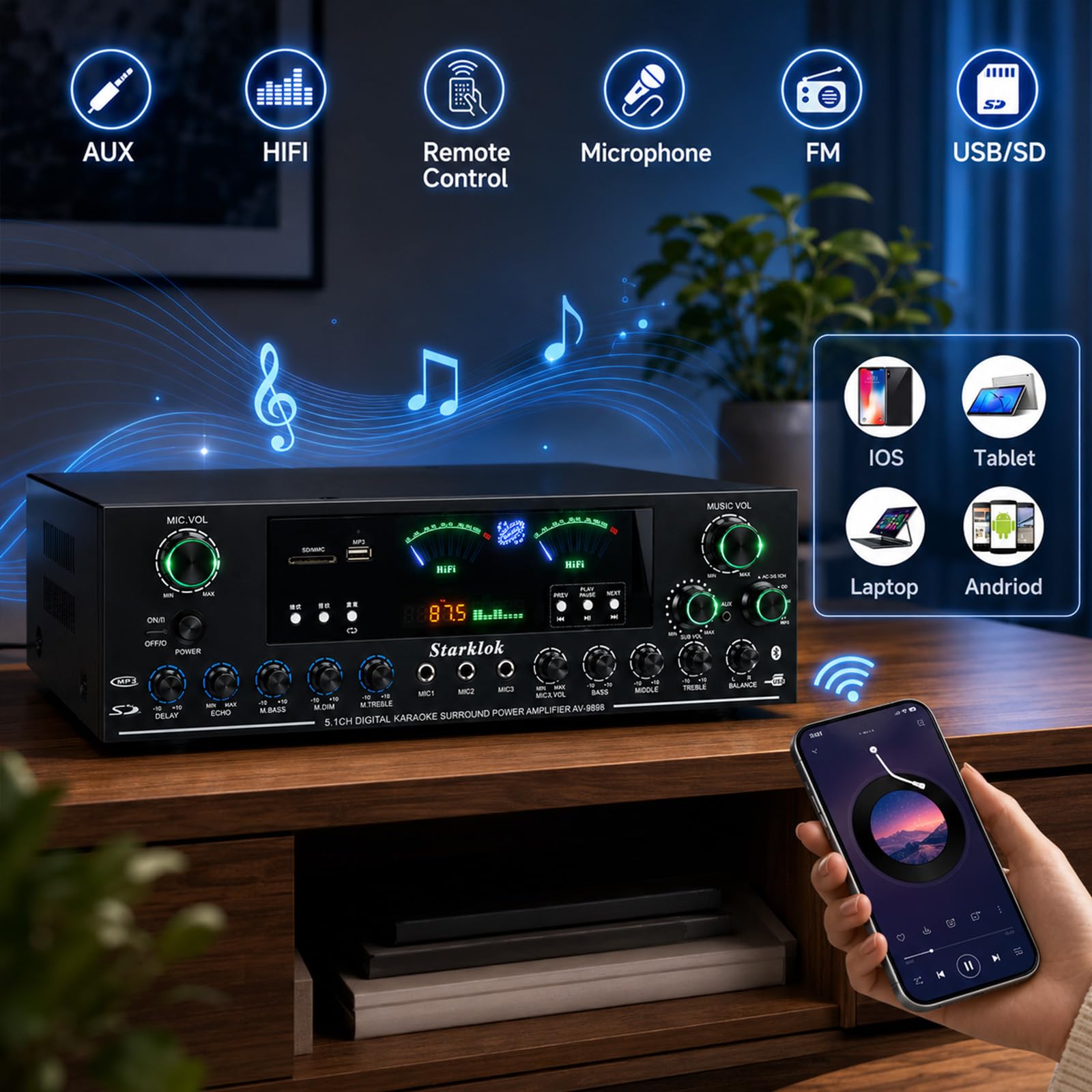 Amplificatore stereo HiFi da 3000 W, amplificatore stereo 5.1 canali, 3 ingressi microfono, Bluetooth 5.0, USB/FM/SD LED, controllo app, RCA, fibra ottica/ingresso coassiale per karaoke