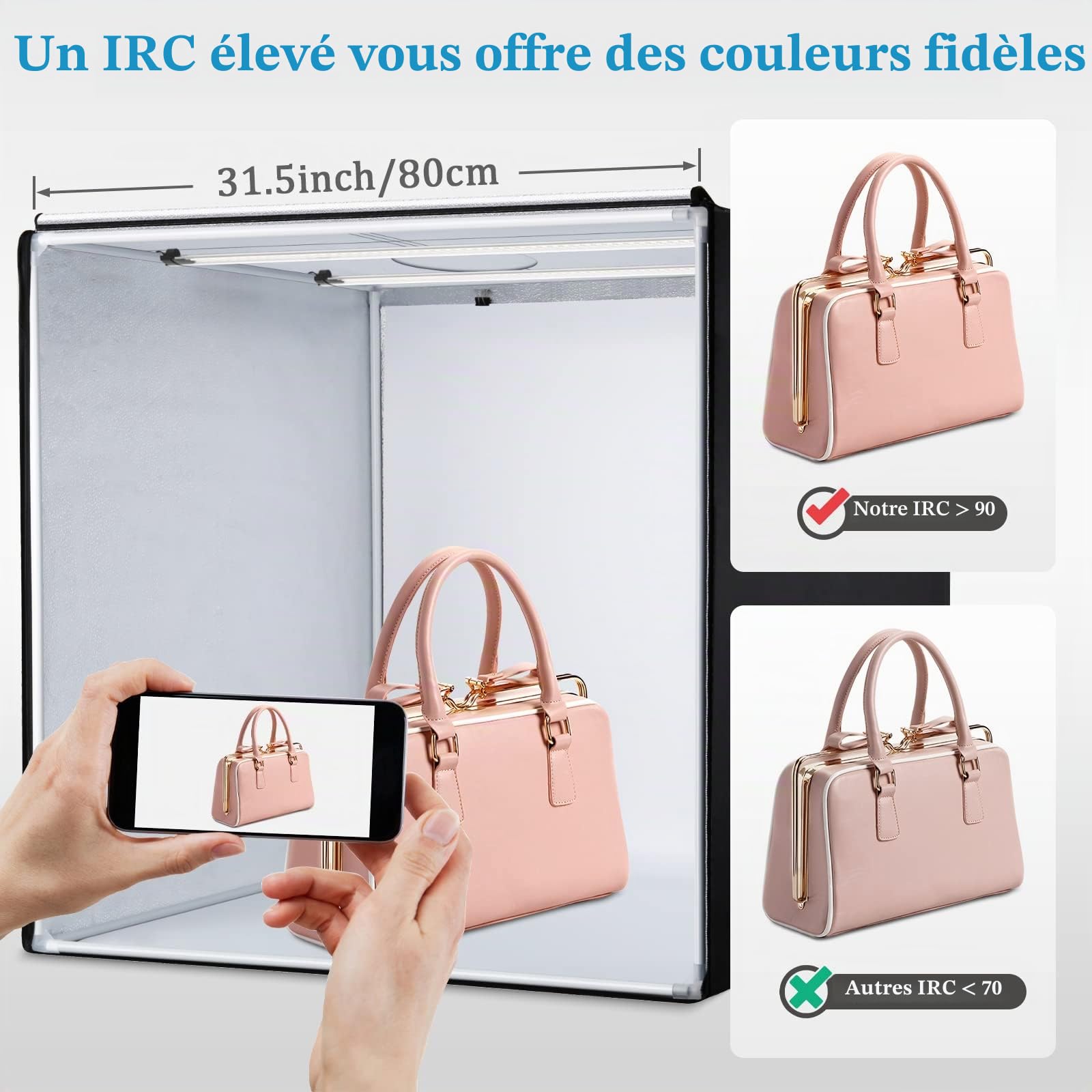 Boîte de Studio Photo, 80 x 80 x 80 cm, Portable, Pliable, pour Photographie, Tente de Prise de Vue avec variateur d'intensité élevé CRI95 + lumières LED et 5 Toiles de Fond pour de Produits