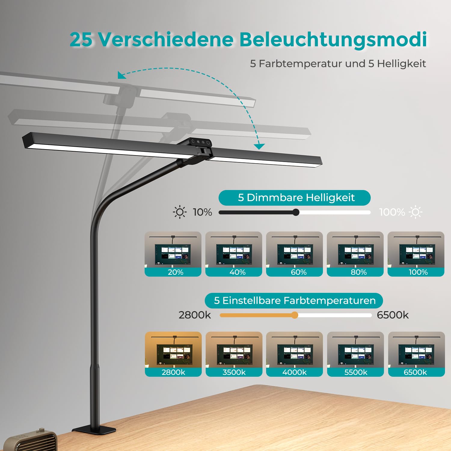 vatato Doppelkopf Schreibtischlampe LED, Dimmbar 24W 80CM Schreibtischlampe für Homeoffice, klemmbar Augenschutz Tageslichtlampe mit Fernbedienungen, 5 Farb 5 Helligkeit Büro Tischlampe (schwarz)