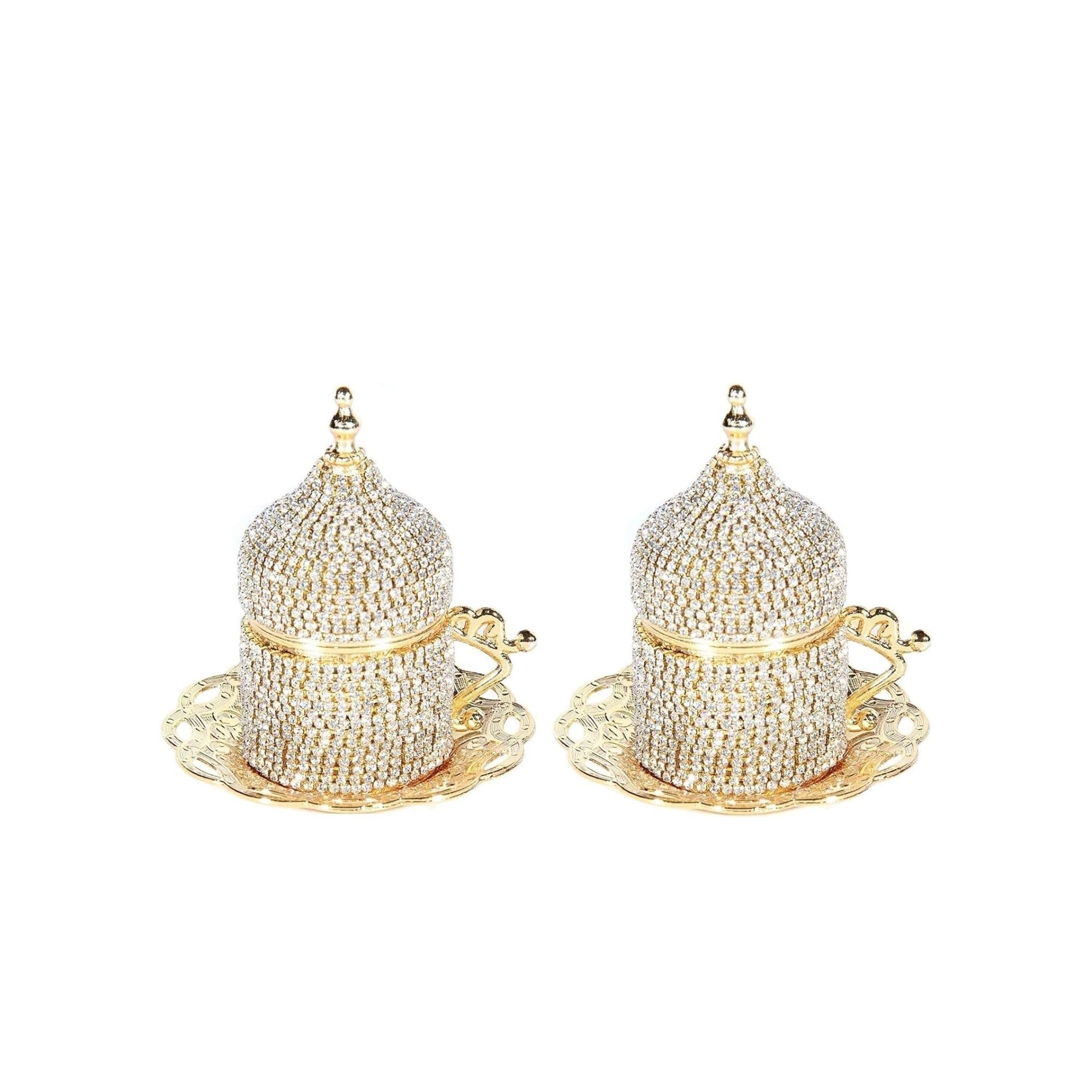 2 count Turkish Coffee Cup Set Saucers Holders Decorated (gold)