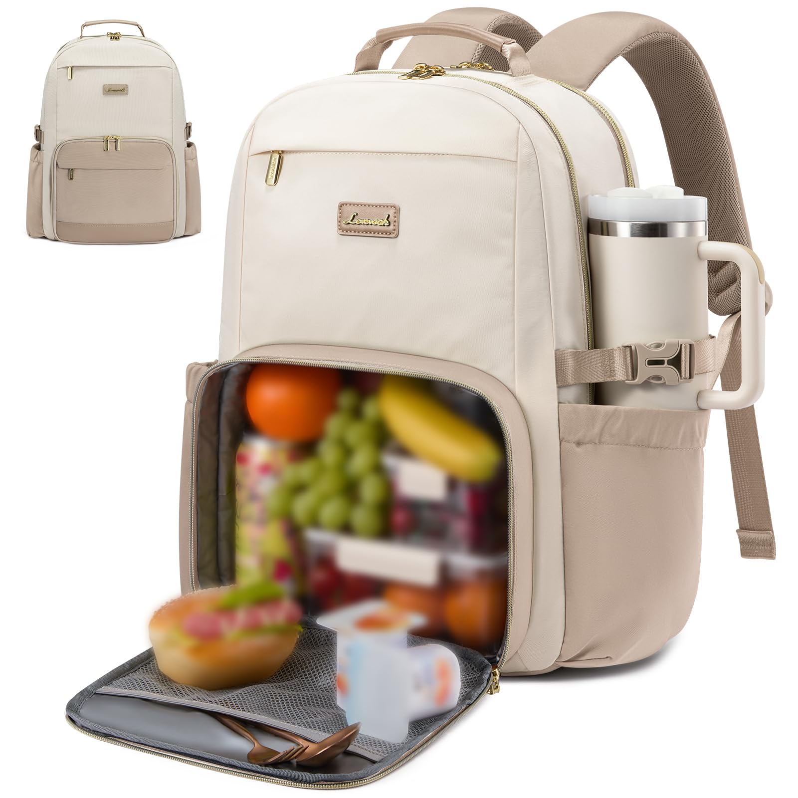 LOVEVOOK Lunch Backpack with Lunch Compartment,15.6 Inch Laptop Work Travel Insulated Cooler Backpack Purse,Waterproof College Teacher Lunch Bag Box with Tumbler Holder,Gifts for Men Women,Beige-Khaki