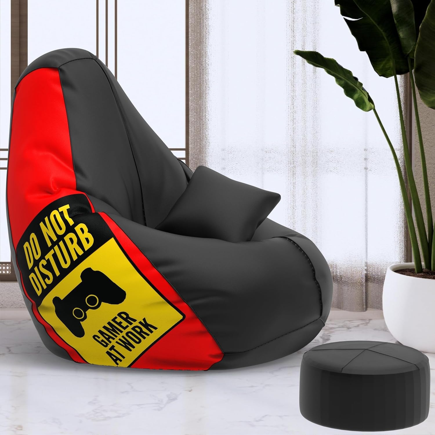 Biggie Bean Bag Chair with Beans Filled 4XL Evergreen Classics Bean Bag-Loud Prints-Soft Landings-Styled with Free Cushion & Footrest (Matching Color : Printed Gamer at Work - Black Red)-image-4