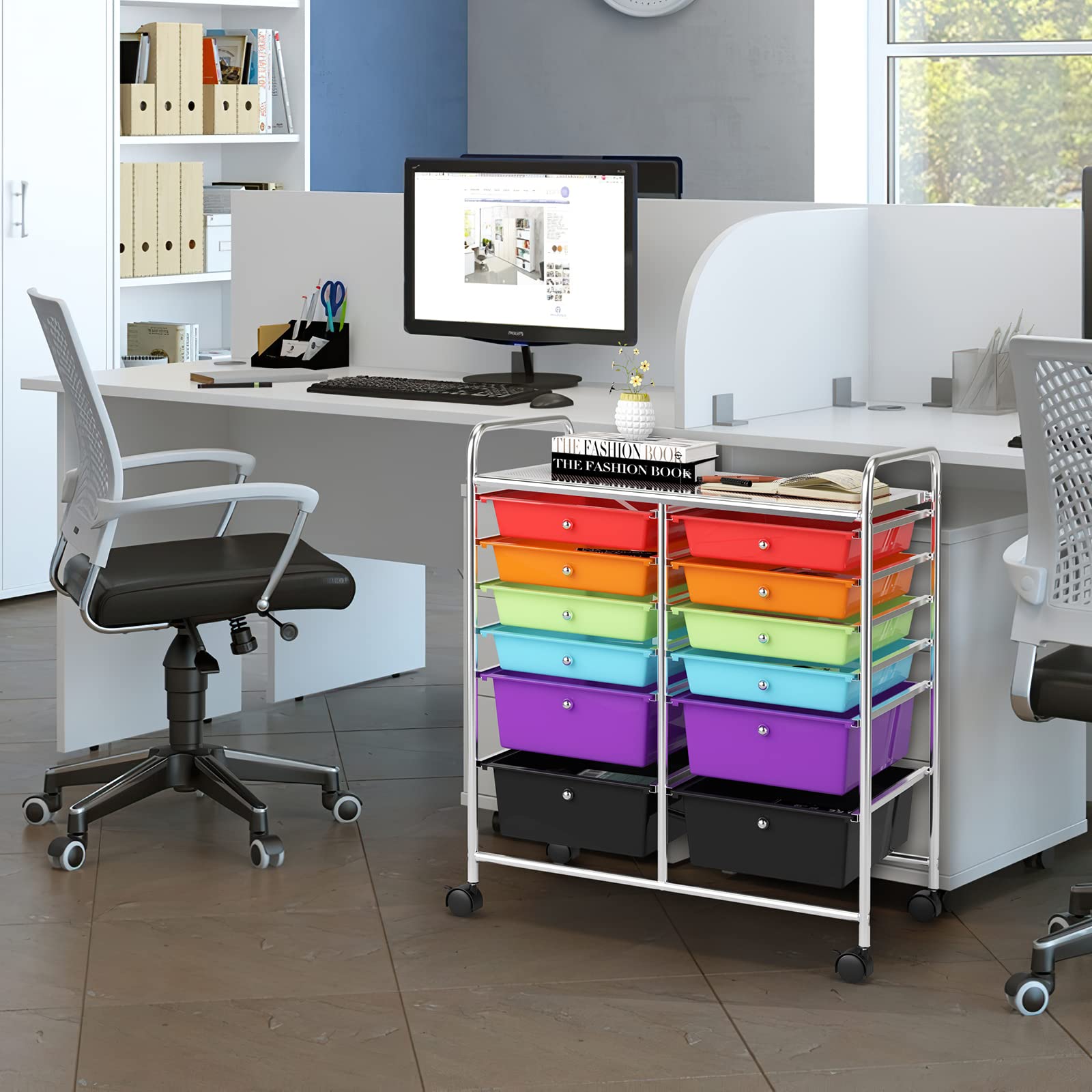 COSTWAY Chariot à roulettes avec 12 tiroirs empilables, chariot de rangement pour bureau, salon (multicolore)