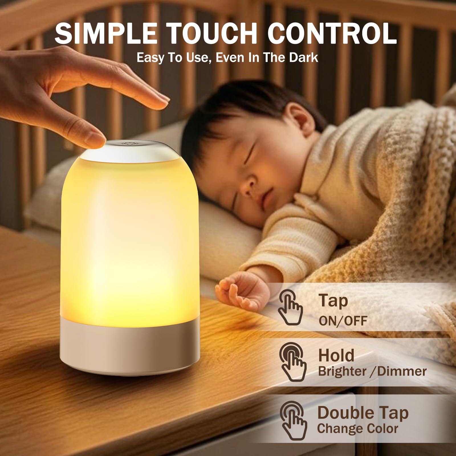 Luz nocturna táctil para mesita de noche, luz nocturna de guardería para niños y adultos, luz de huevo con temporizador, lámpara de mesa inalámbrica pequeña regulable para mesita de noche/dormitorio