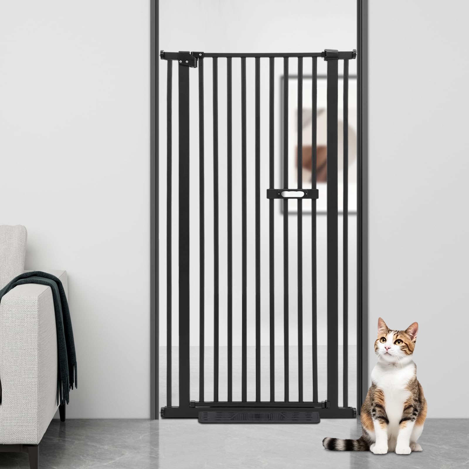 Puerta de protección extensible para mascotas y gatos, 150 cm, extraalta, para perros y niños, con doble cierre, para escaleras y puertas, 76-85 cm (negro)