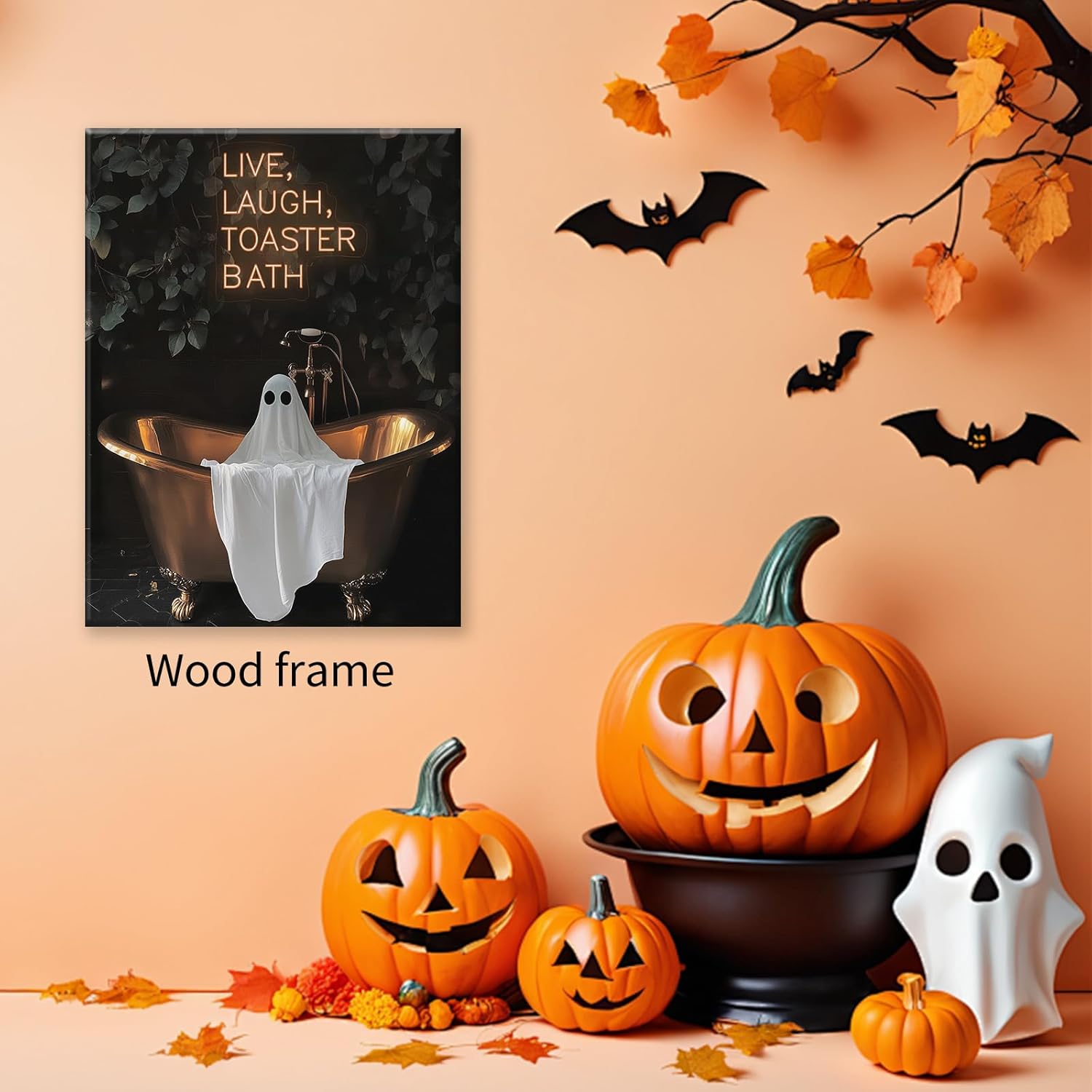 Halloween Gothic Bath Ghost Poster Dark Horror Fun Bathtub Wall Art Live Laugh Toaster Ghost Canvas Prints 16X24 inch Framed for Bathroom Restroom Wall Decor