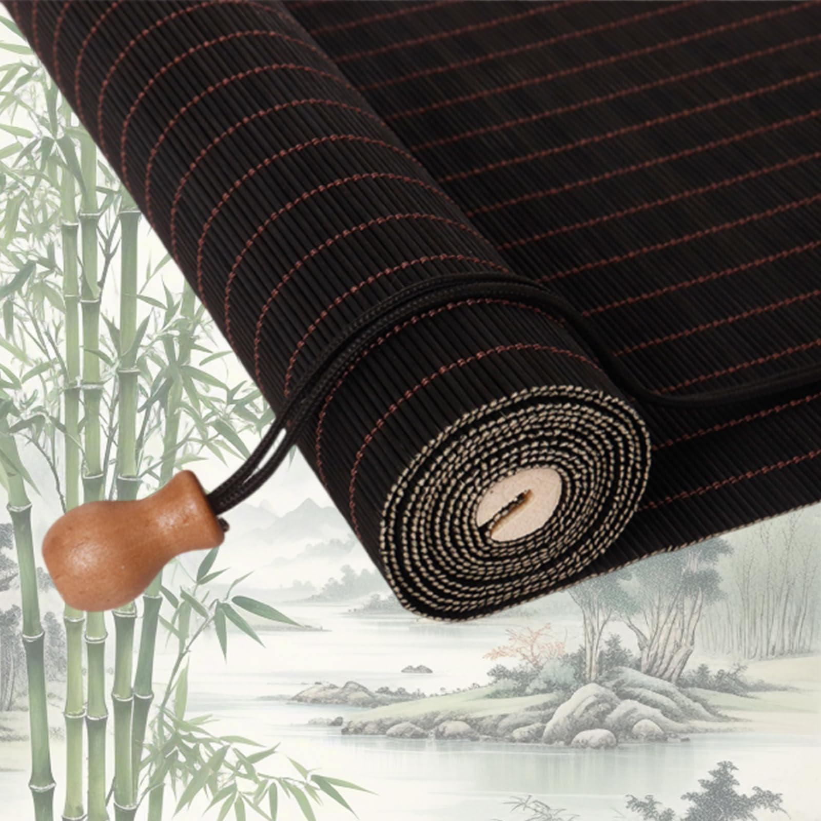 Retro Bamboo Roller Blinds, Natural Wood Window Shades Blinds Anti-UV Dustproof Decorative Curtain, Screen Partition Blind, for Indoor/Outdoor/Garden — image 1