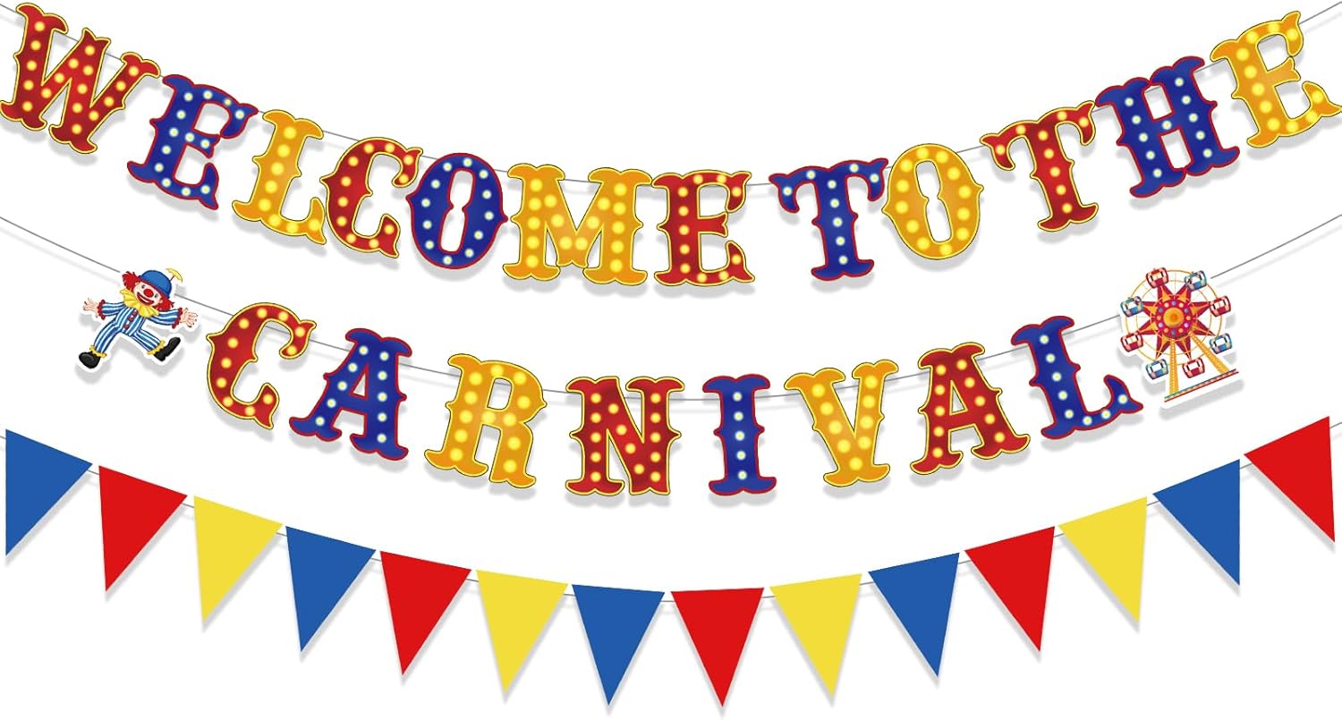 Welcome to The Carnival Banners Red Blue and Yellow Circus Theme Party Decorations Hanging Garland Triangle Flag Pennant Banner Carnival Decorations for Games Birthday Party Supplies