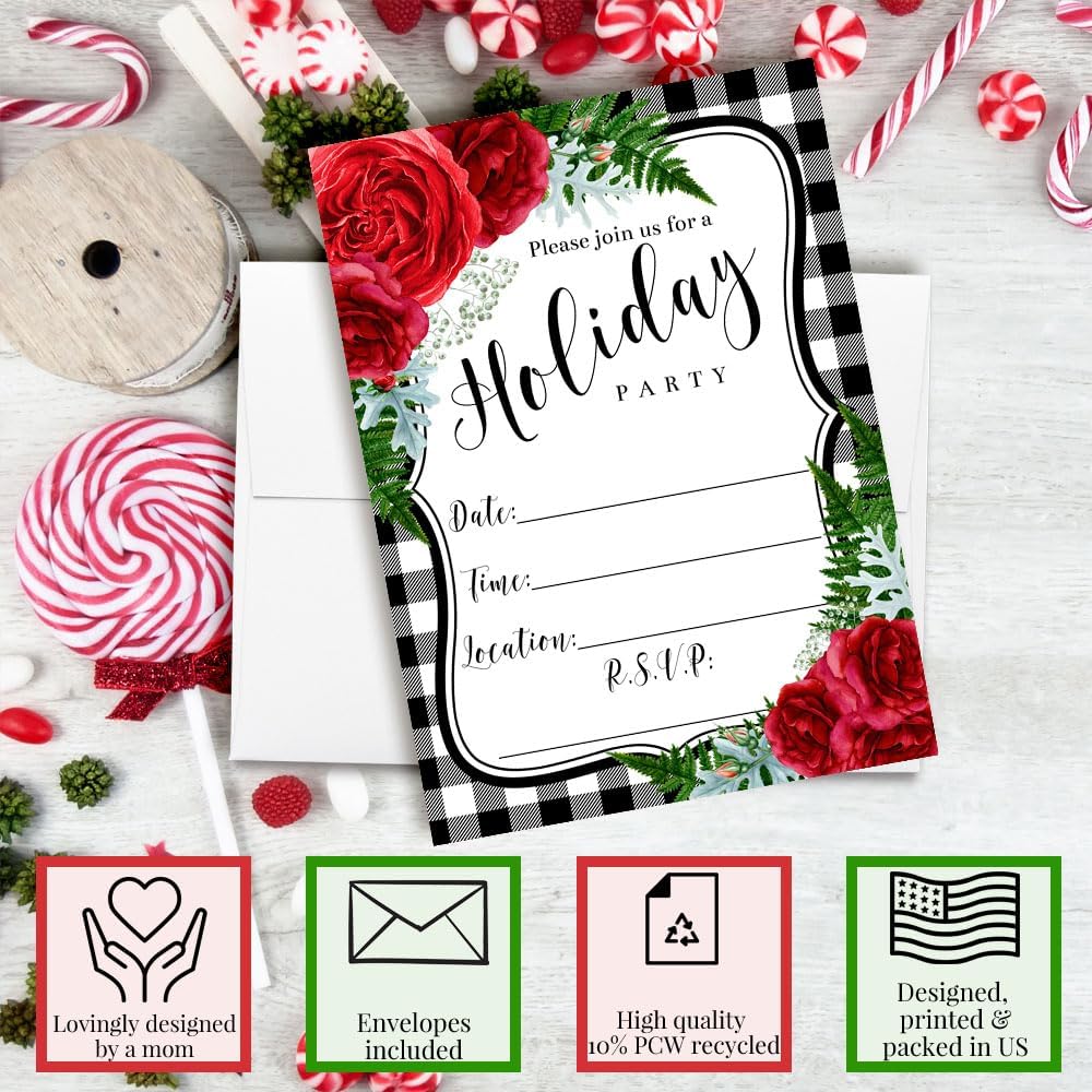 Amanda Creation Holiday Party Invitations with Envelopes – Watercolor Red Floral With Greenery, 20 Pack 5x7 Double Sided Fill-In Invite Cards with Twenty White Envelopes Perfect for Festive Parties