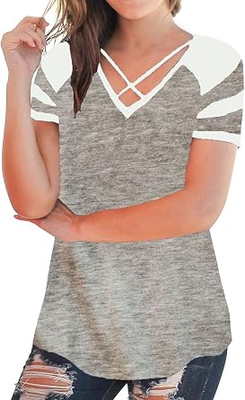 JUNBOON Women Casual Criss Cross Front V Neck Short Sleeve Patchwork Blouse Tops