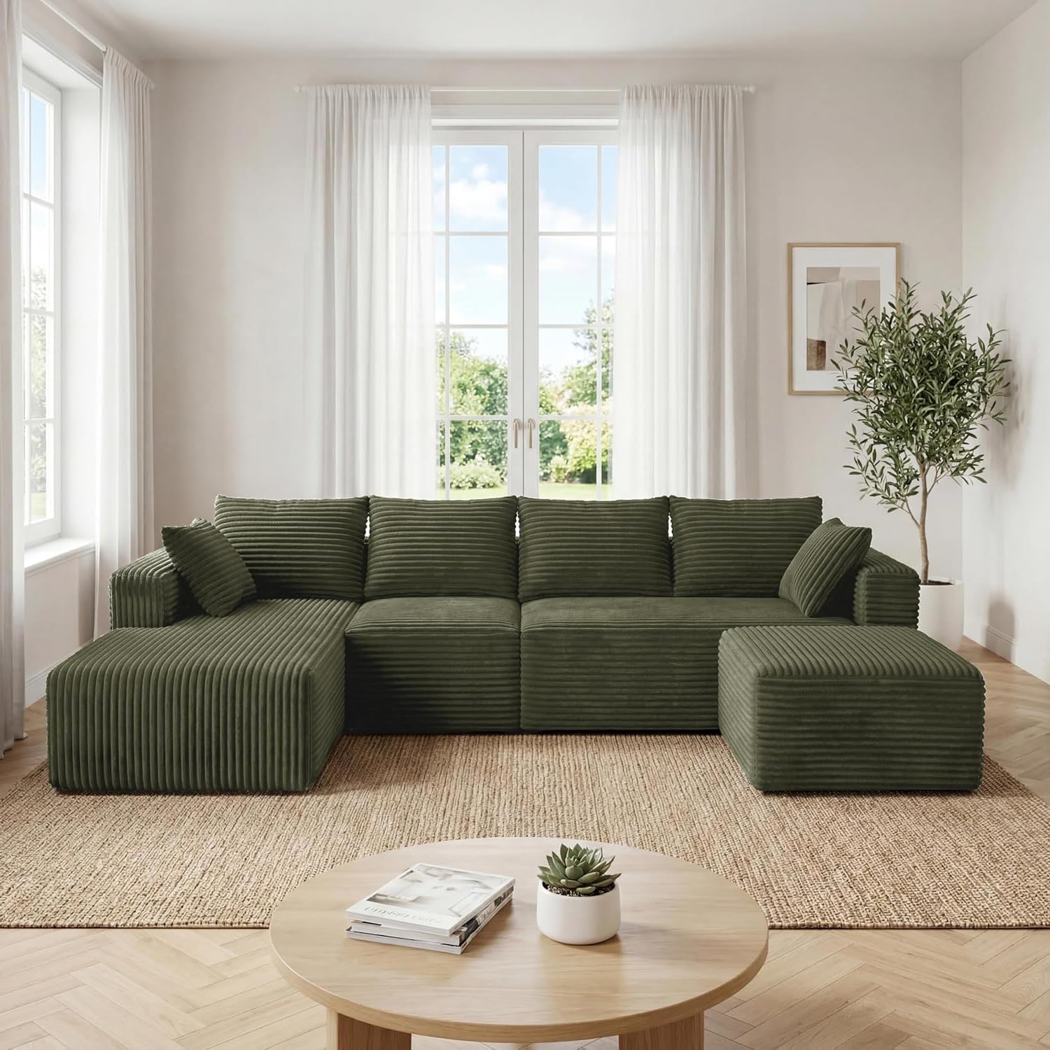 - 118" Modular Sectional Sofa with Chaise and Ottoman, Oversized U-Shaped Corduroy Cloud Couch, Deep Seat Boneless Couch for Living Room, No-Assembly - Green