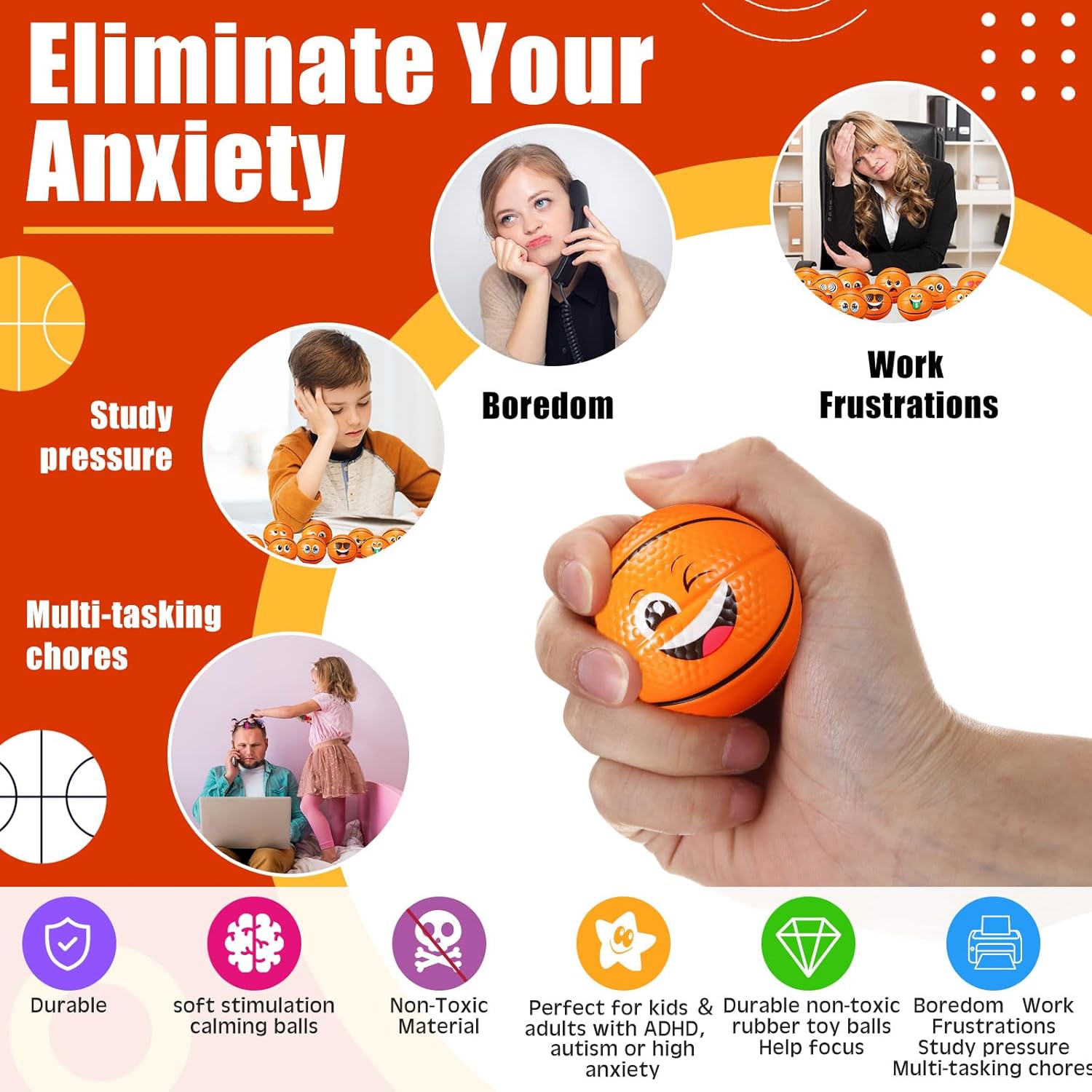 Libima 120 Pcs Mini Face Basketball Stress Balls Bulk 2 Inch Foam Sports Squeeze Balls Small Funny Anxiety Relief Toy for Kid Adult School Gift Class Prizes Party Decoration Supplies (Orange)