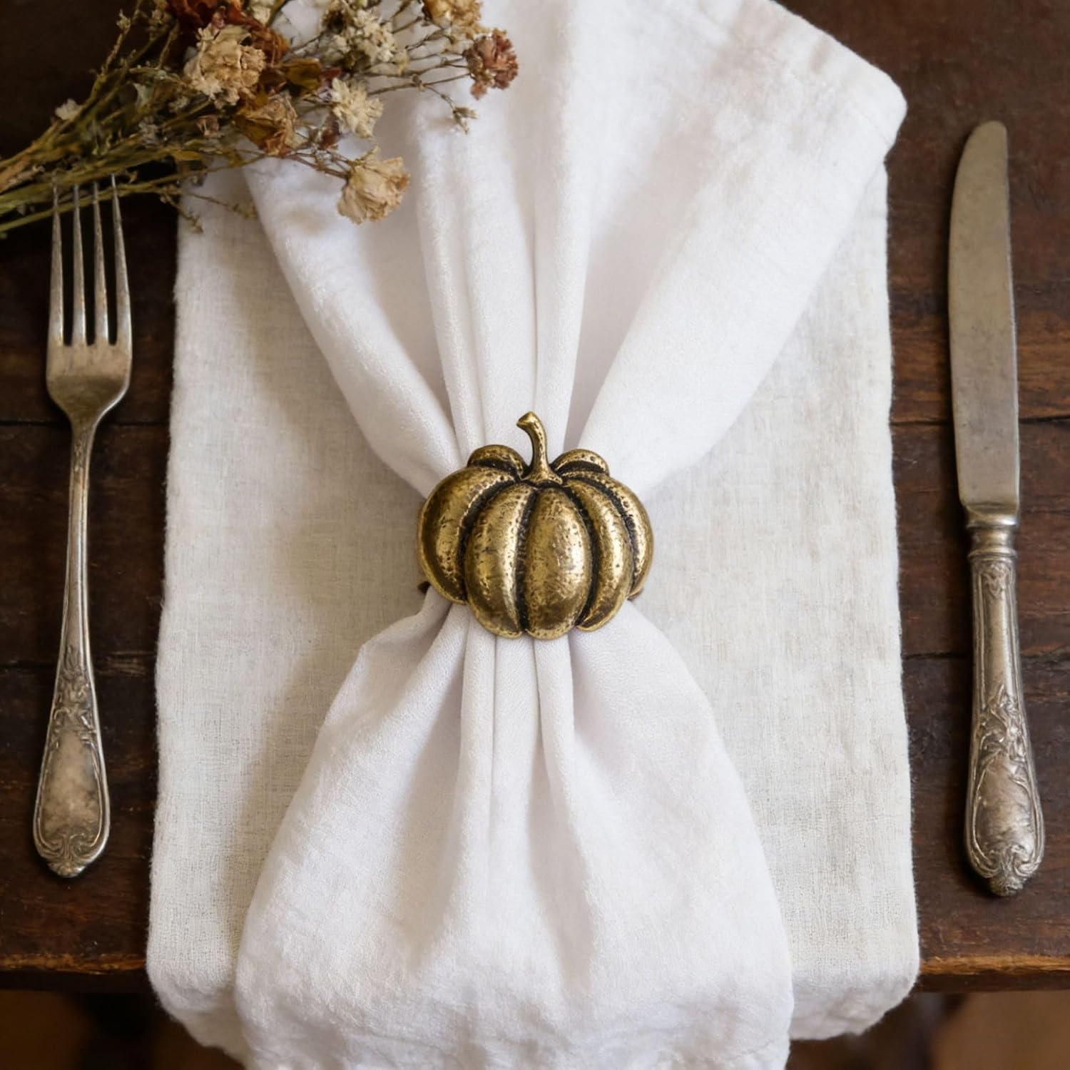 Fall Napkins Rings 6 Pcs Metal Gold Napkin Ring for Thanksgiving