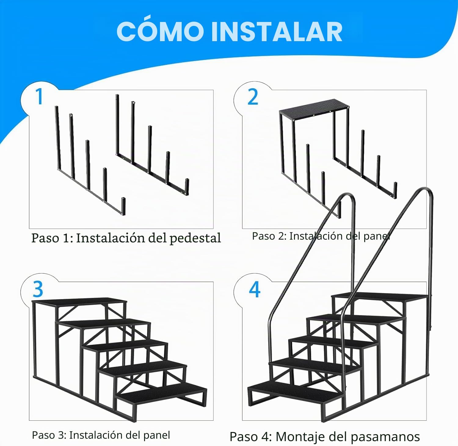 Escalera de Acero Antideslizante Portátil con 5 Ruedas para Caravanas y Piscinas, Doméstica de Exterior con 2 Pasamanos y 5 Peldaños