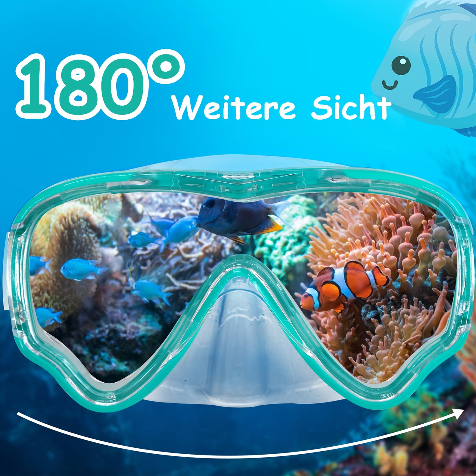 Vvinca Taucherbrille Kinder mit stoffband, Schwimmbrille Kinder für Jahre Jungen Mädchen,Schnorchelmaske Kinder 180° Panorama Anti-Leck Tauchmaske Kinder für 3-13 Jahr