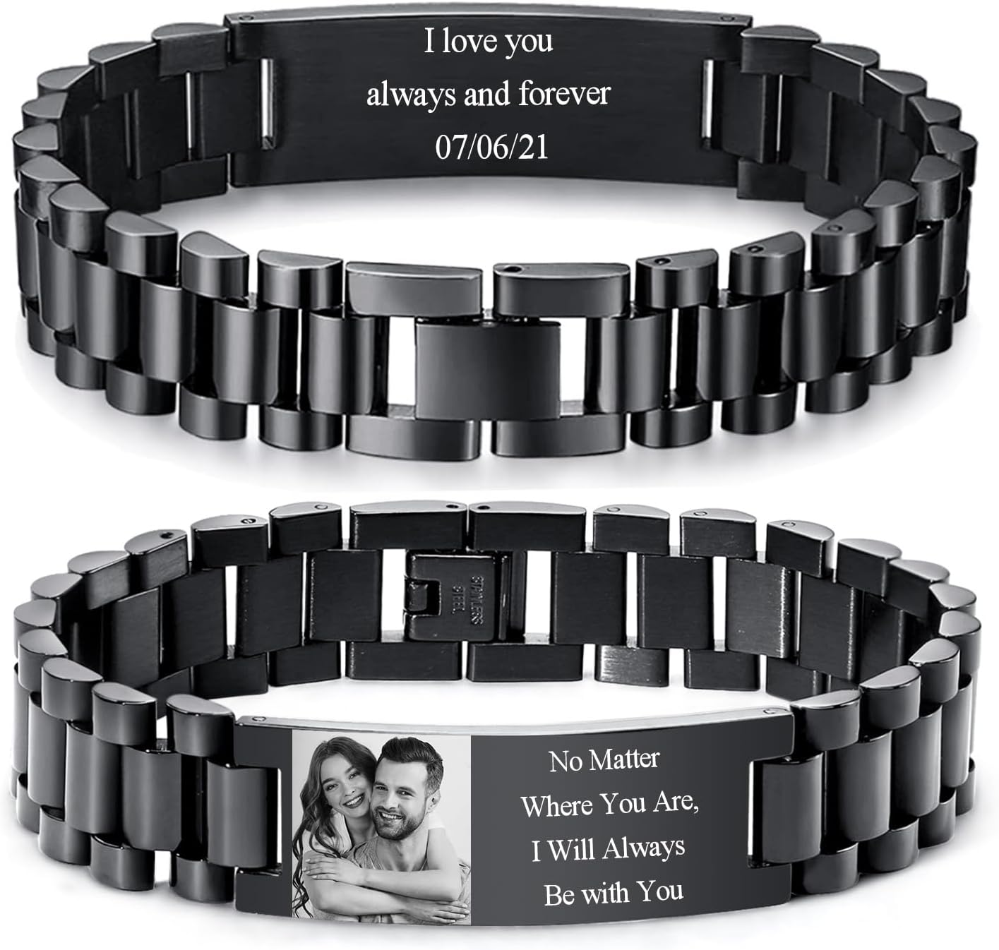 Personalized Picture Bracelet for Men - Free Engraved Customized Photo Bracelets,Hypoallergenic Stainless Steel Adjustable Wristband,Custom Engraving Photo/Text/Name Bracelet Jewelry Gift for Him