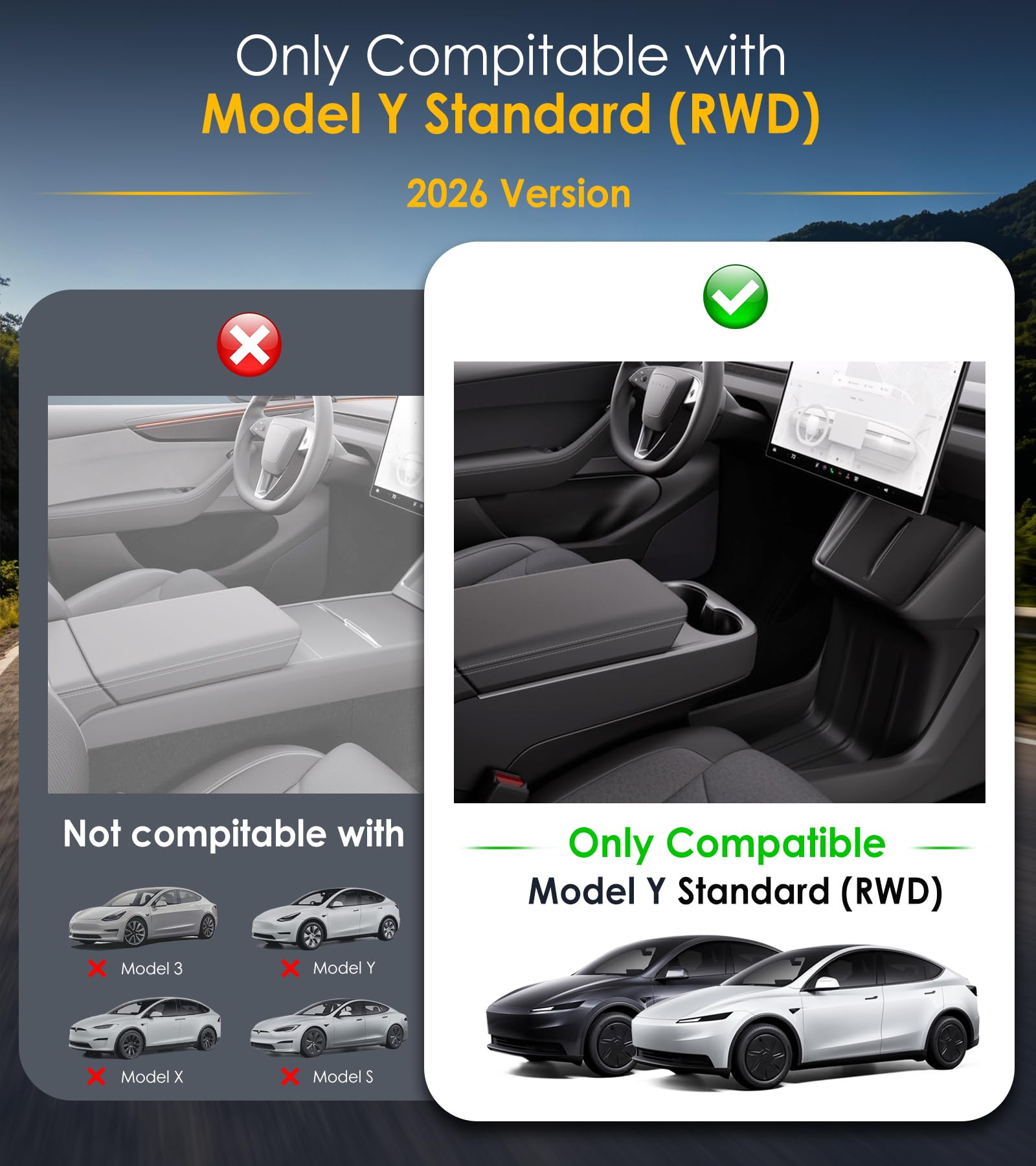 4 Pièces Accessoire pour Tesla Model Y Juniper Standard 2026 2025, Comprend un Rangement Inférieur Console Centrale, Rangement Dissimulé, Socle Recharge, Porte-gobelet