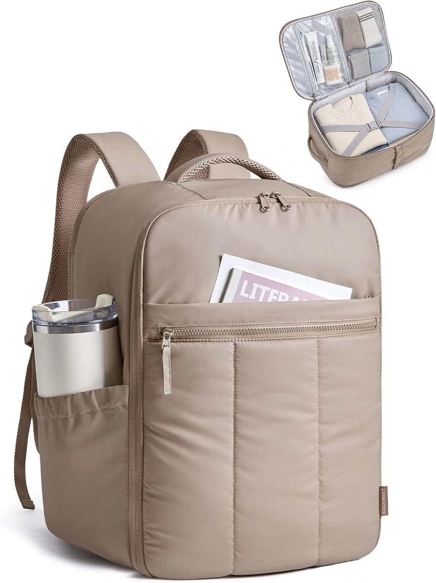 BAGSMART Mochila de viaje de 35 L para mujeres y hombres para computadora portátil de 17 pulgadas, Camel | Bolsillo lateral grande para vaso de 40 oz, bolsillo interior húmedo de PVC, asas superiores y laterales, material resistente al agua