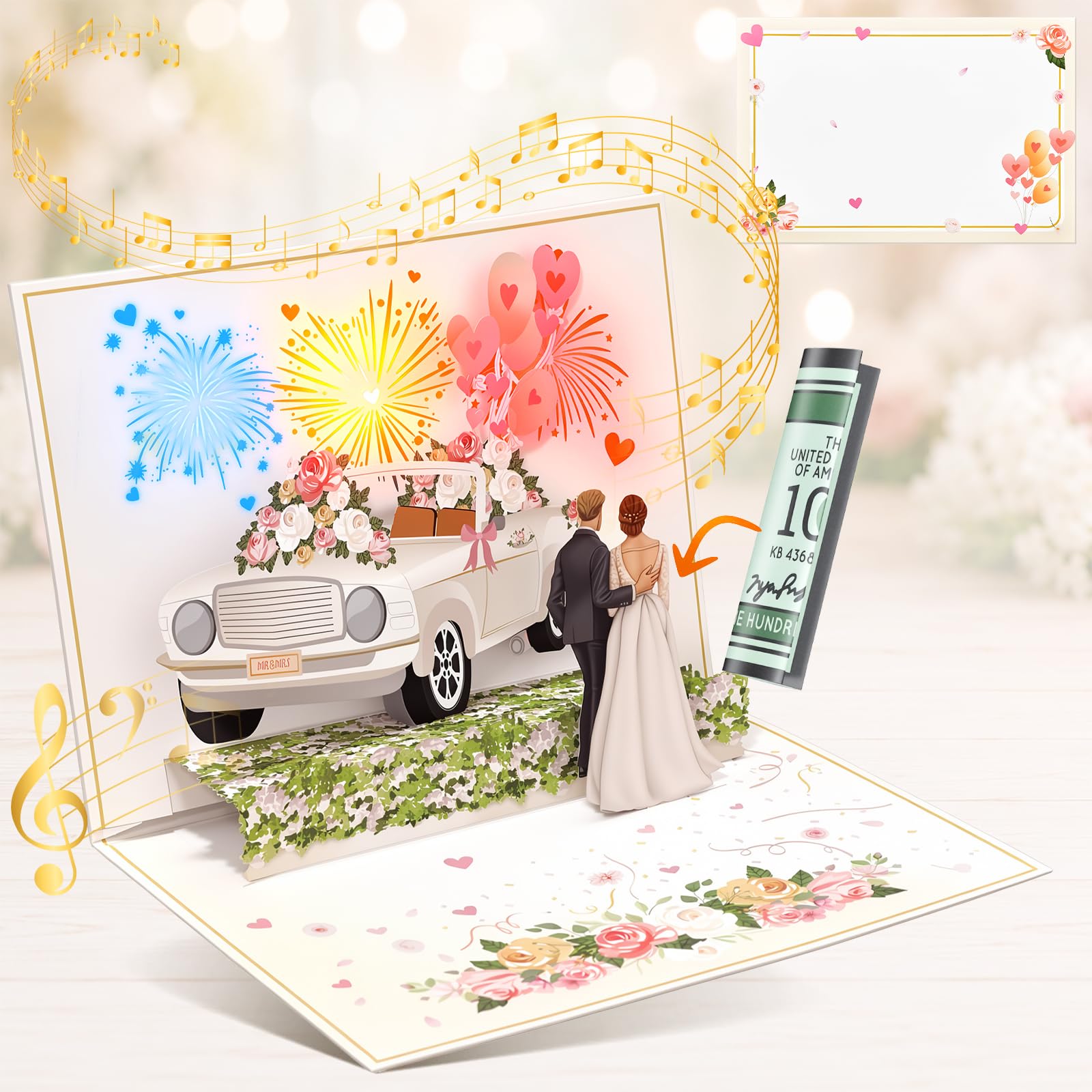 Wedding Card with Music and Light, Just Married Card for Bride and Groom, 3D Pop Up Wedding Congratulations Card for Daughter, Best Friend,Cash Giftcard for Weddings