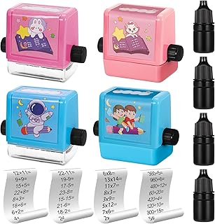 FRIUSATE 8Pcs Maths Roller Stamp 4 Maths Digital Rollers Stamp and 4 Ink Addition, subtraction, multiplication and division Math Educational Stamp Toy For Boys Girls