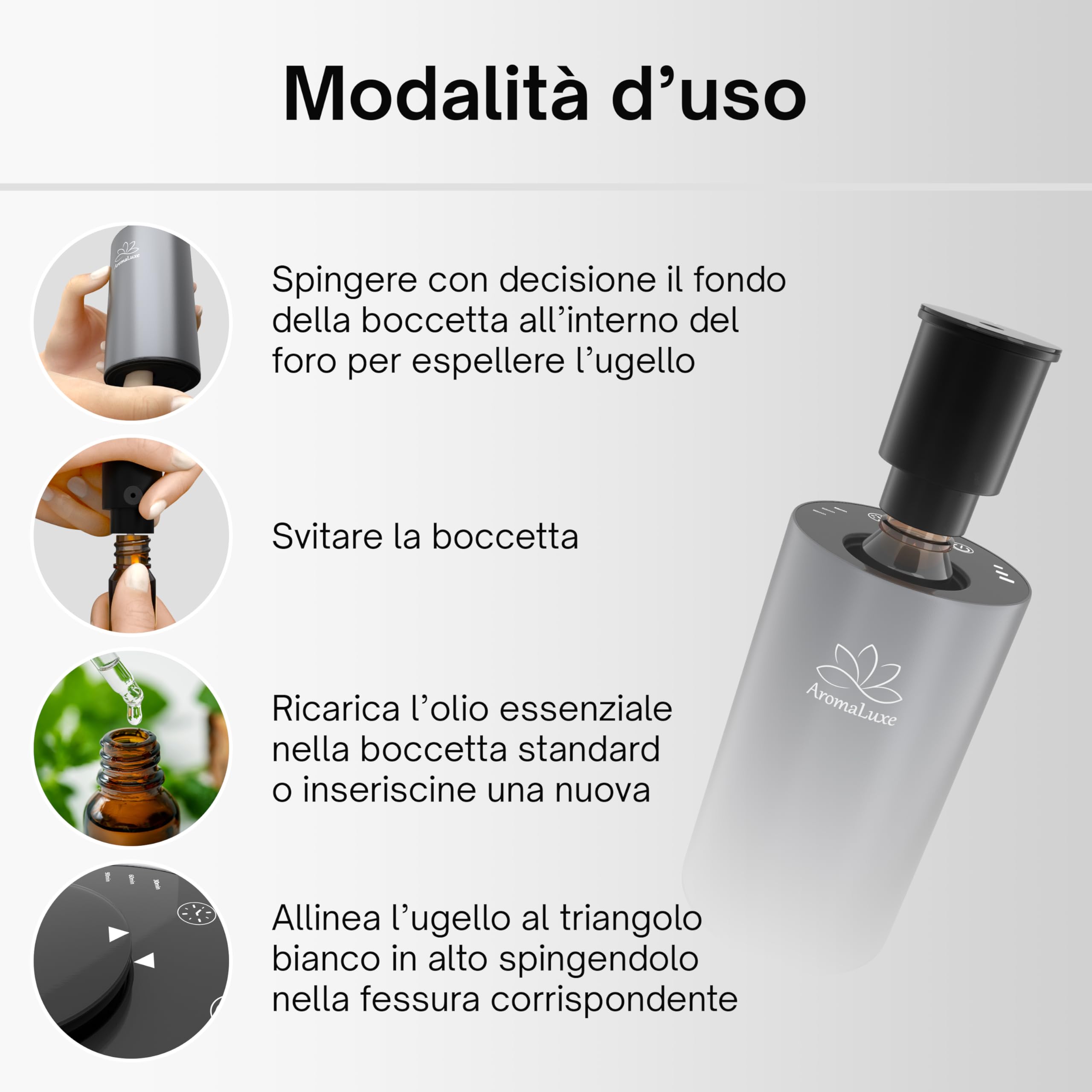 AromaLuxe - Diffusore Oli Essenziali Senza Fili a Batteria Ricaricabile USB-C, Senza Acqua, Ideale per Auto, Robusto in Alluminio, Intensità e Timer regolabile, Grigio
