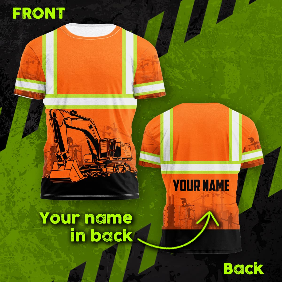 Matedecor Safety Shirt Orange Excavator Operator Customize Name High Visibility Shirt for Men Reflective Shirt Hi Vis Shirt Workwear for Runners, Walkers, Trucker, Operator, Patriotic-XL