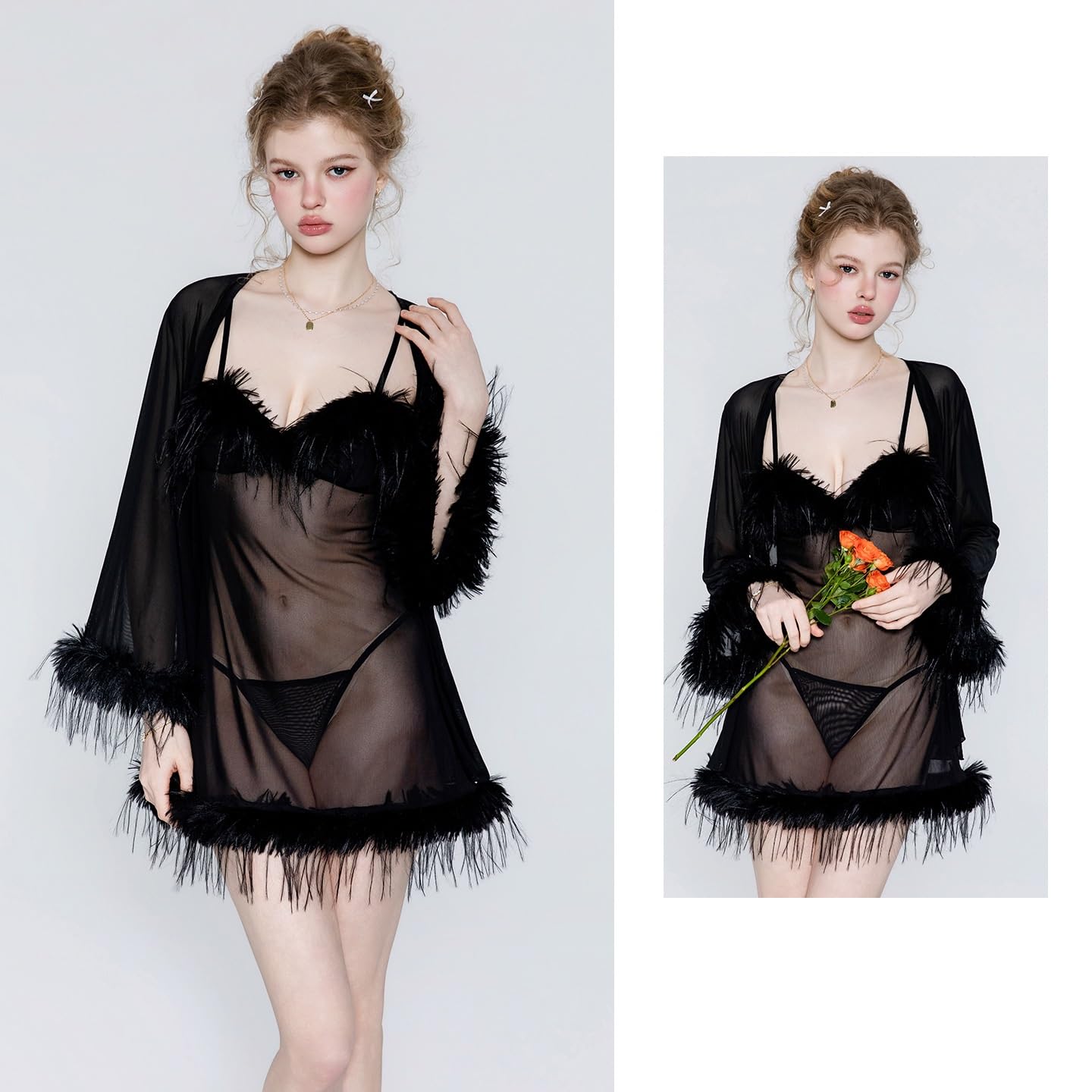 Vestaglia Donna Completo da Notte/Vestaglia Leggero in Rete Trasparente con Imbottitura per Il Reggiseno E Dettagli in Piume (3 Pezzi)