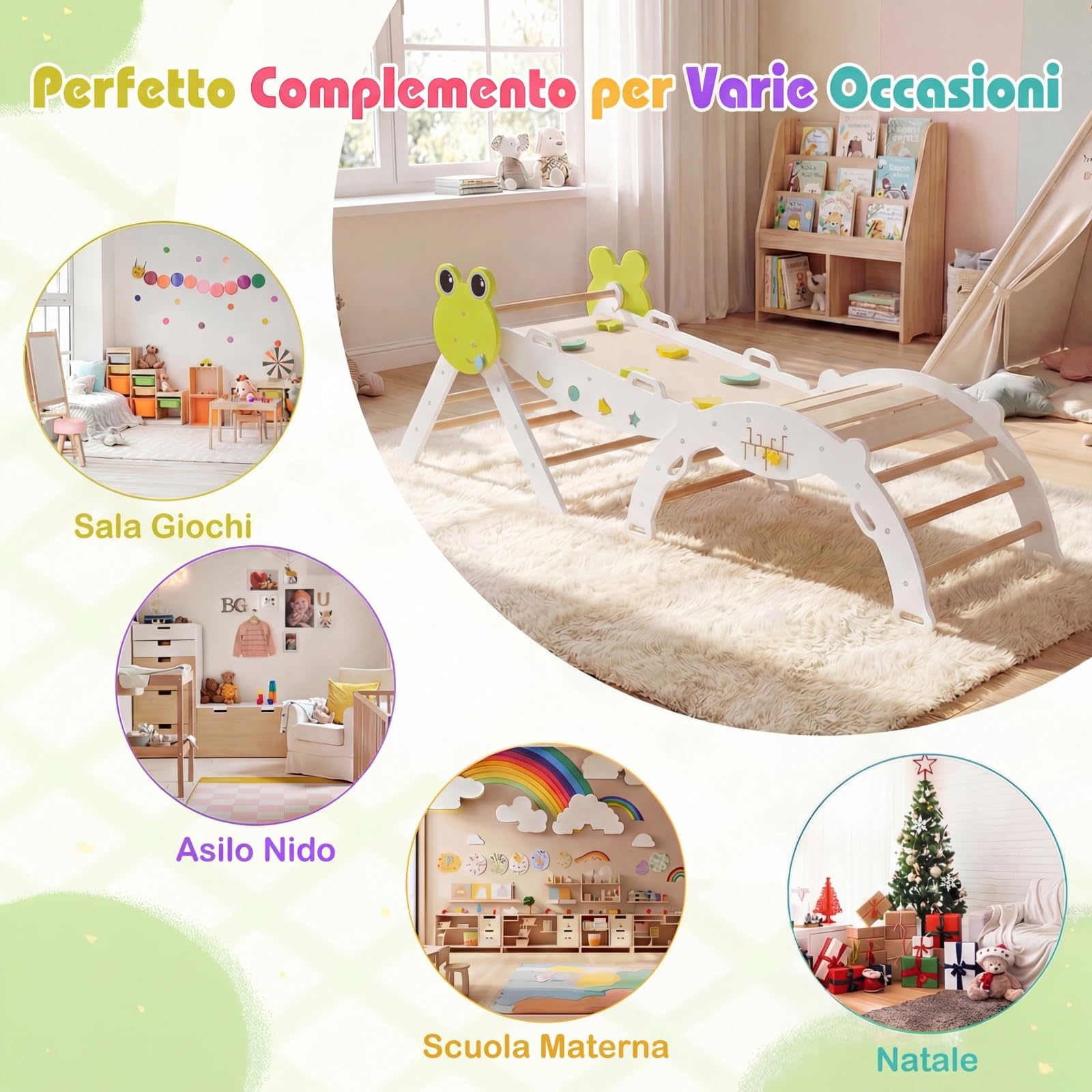 RELAX4LIFE Set da Arrampicata per Bambini, Triangolo di Arrampicata con Scivolo e Arco, Gioco di Incastri in Legno, Gioco Montessori per Bambini 1+ Anni (Rana-3 Pezzi | Bianco)