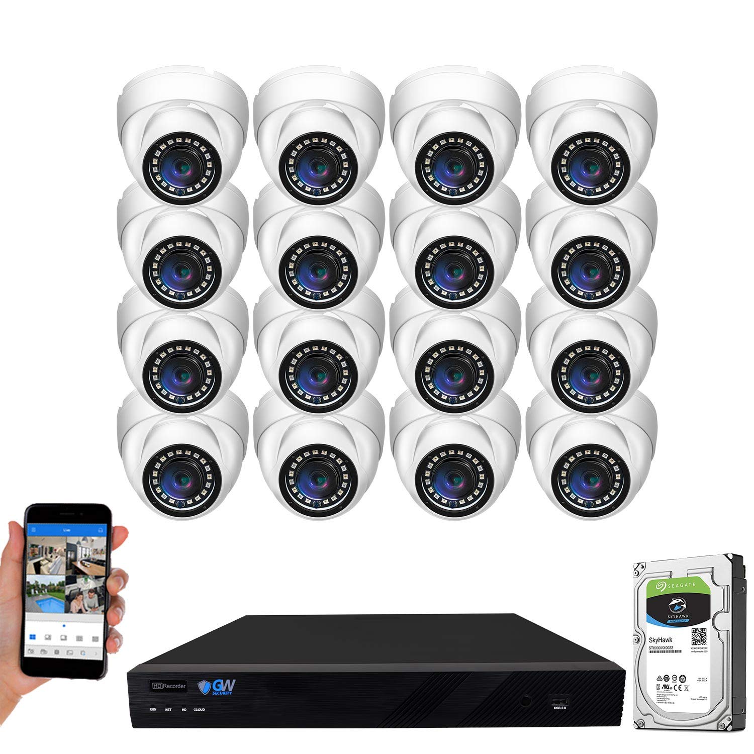 GW Security 16 Channel 4K NVR 5MP H.265 IP Surveillance Security Camera System with 16-Piece Super HD 1920P Weatherproof M...