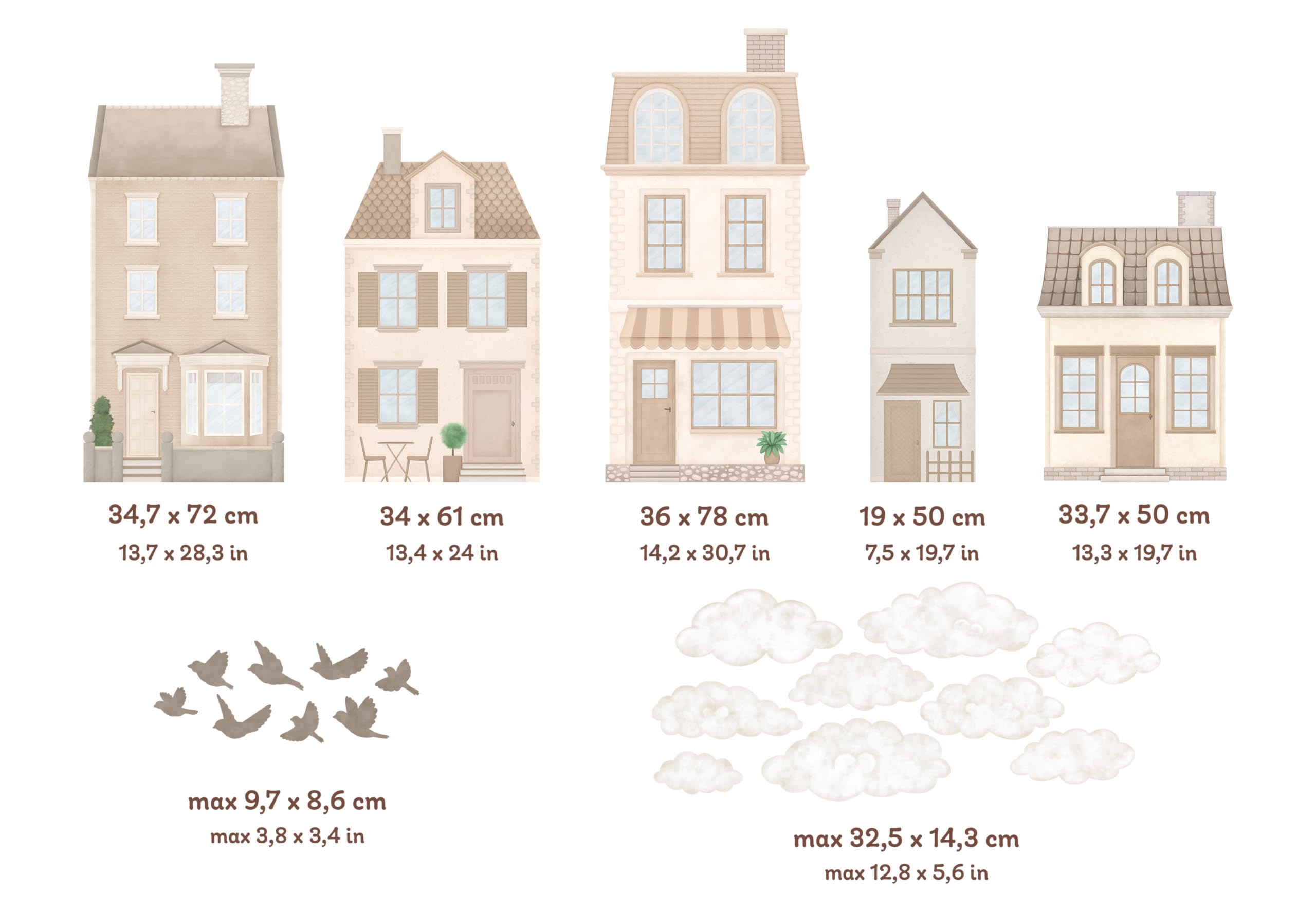 Adesivo da parete per bambini - Adesivo da parete per cameretta - atossico, potente - set 22 pezzi, cottage, case a schiera, casa a schiera parigina, città - Marrone, Beige